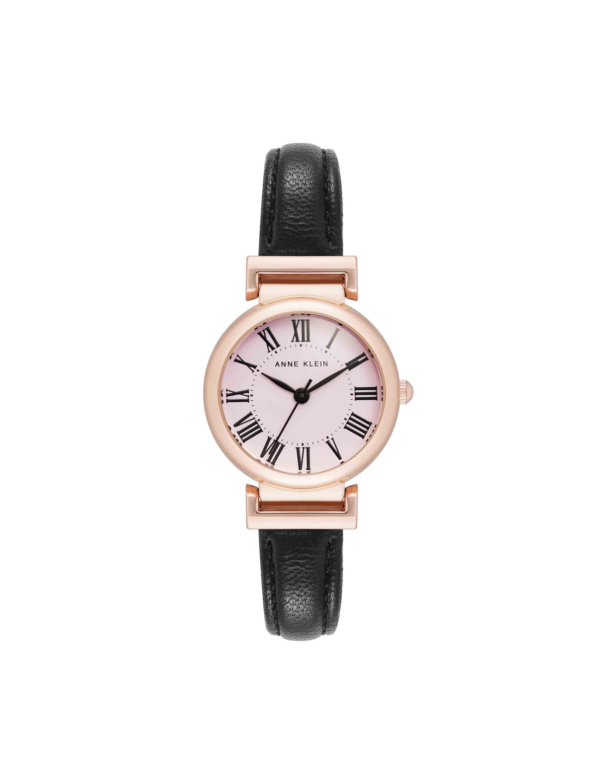 Anne Klein Black/Pink/Rose Gold-Tone Classic Leather Strap Watch