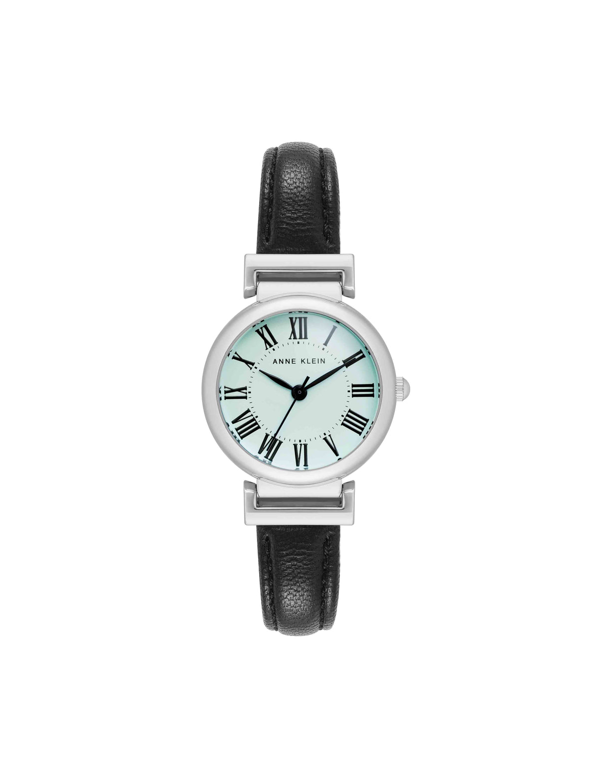 Anne Klein Black/Aqua/Silver-Tone Classic Leather Strap Watch