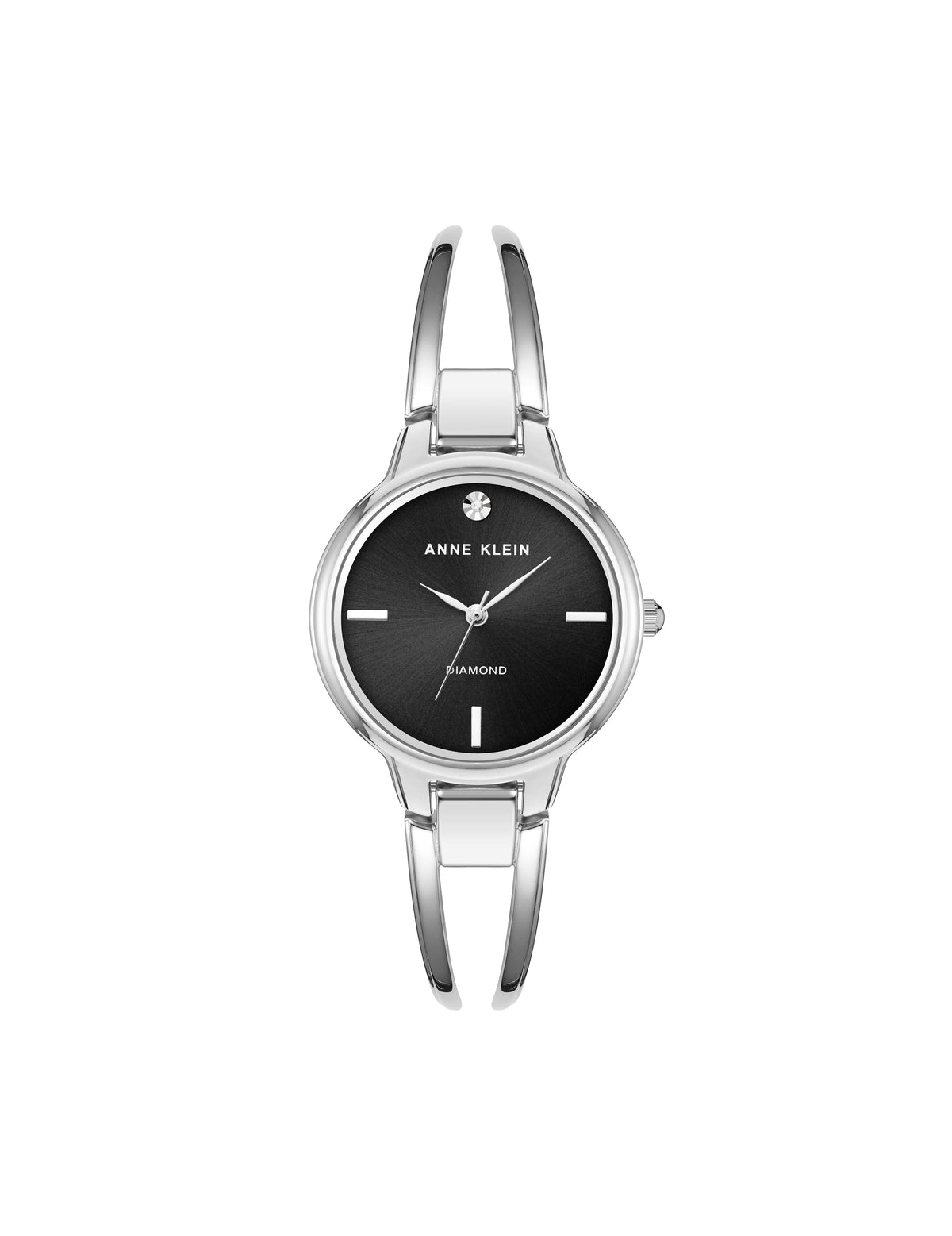 Anne Klein Black/Silver-Tone Diamond Accented Open Bangle Watch
