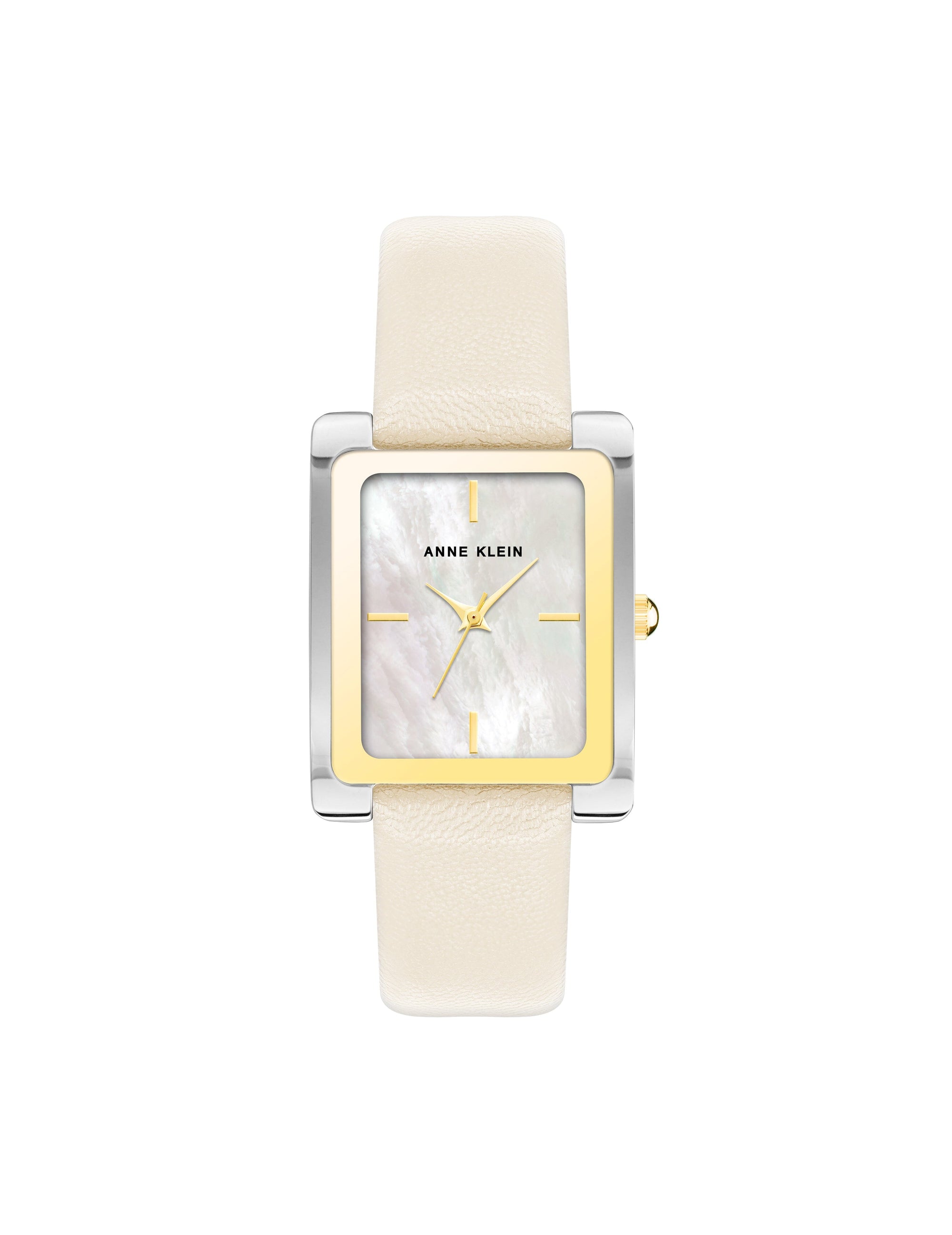 Anne Klein Ivory/Two-Tone Rectangular Case Leather Band Watch