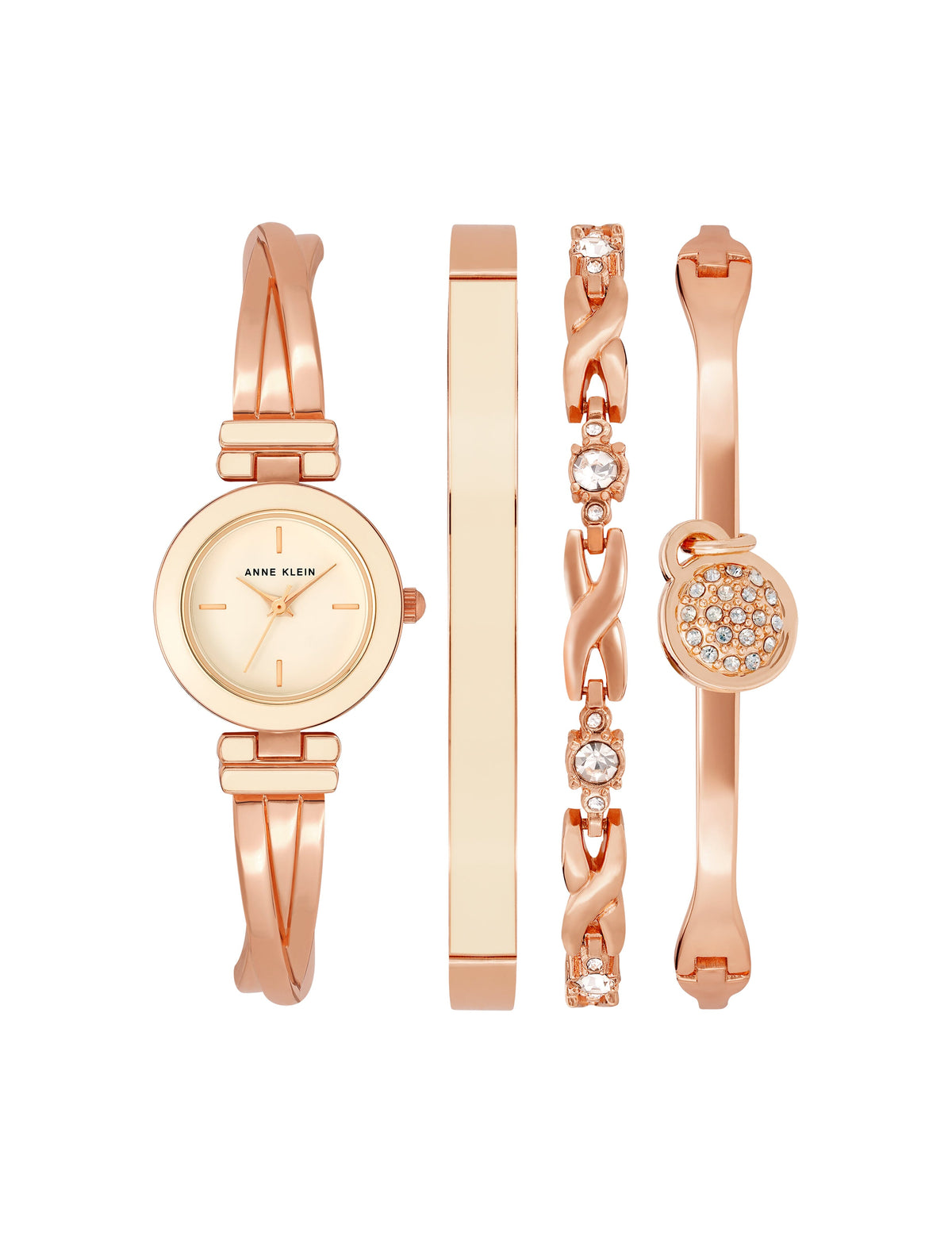 Anne Klein Light Pink/Rose Gold-Tone Crossover Bangle Watch and Bracelet Set