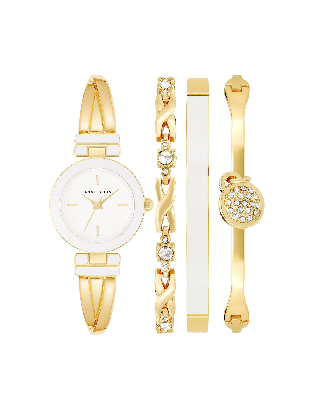 Anne Klein White/Gold-Tone Crossover Bangle Watch and Bracelet Set