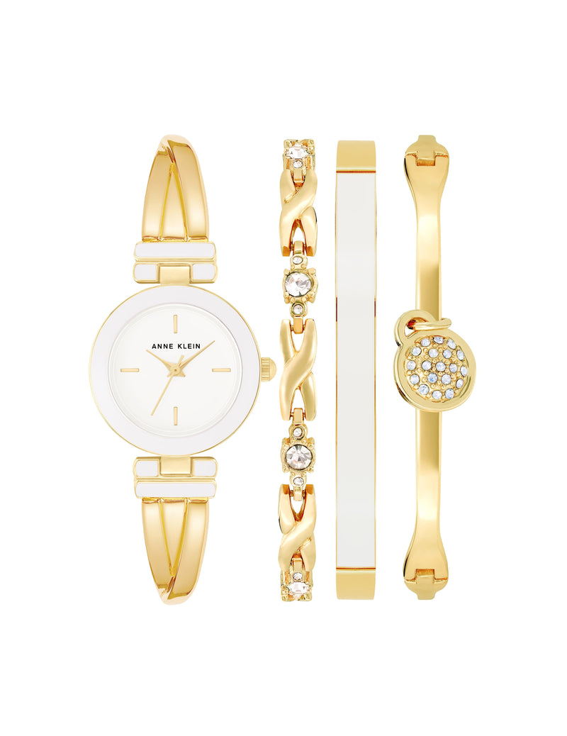 Anne Klein White/Gold-Tone Crossover Bangle Watch and Bracelet Set
