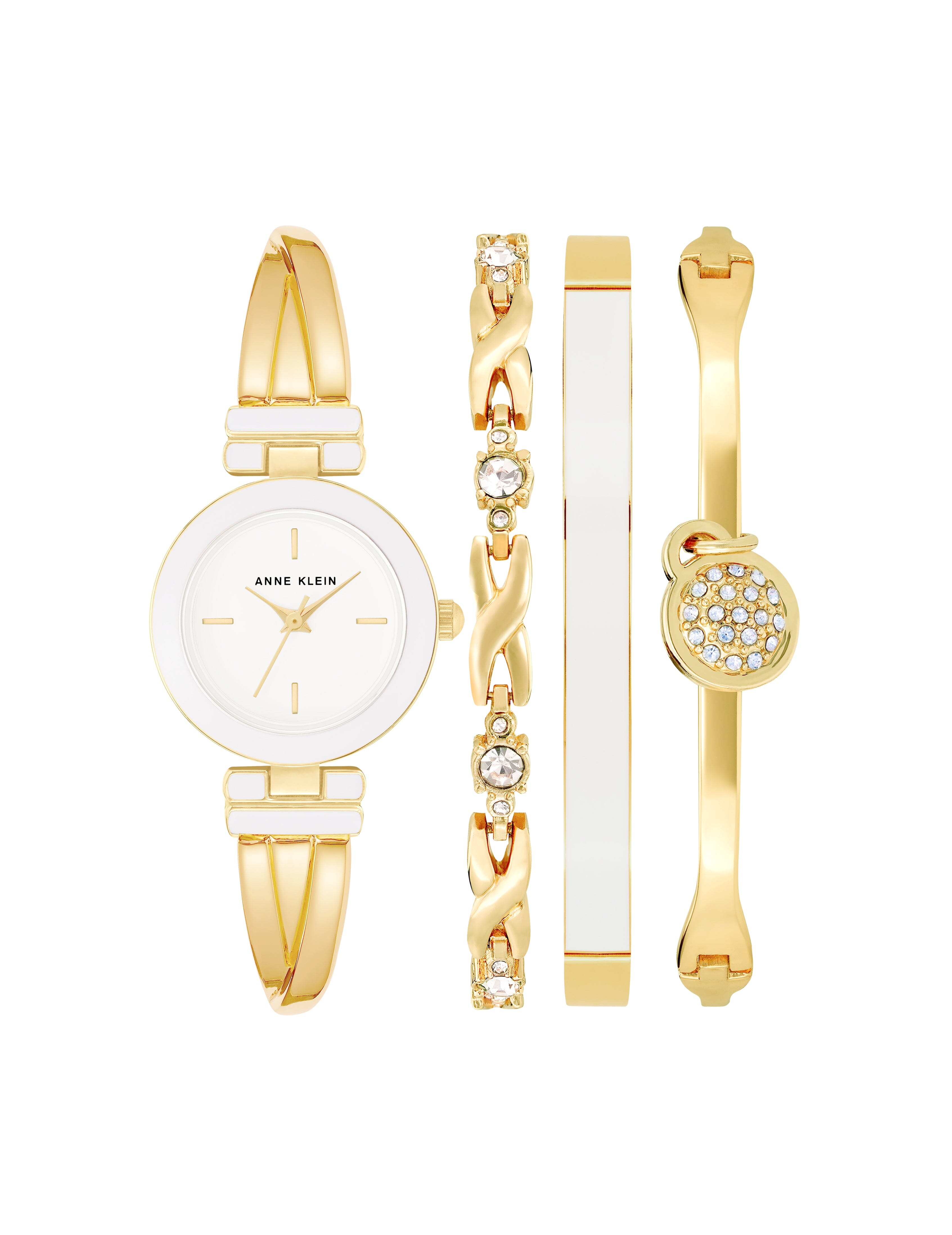 Crossover Bangle Watch and Bracelet Set in White / Gold-Tone