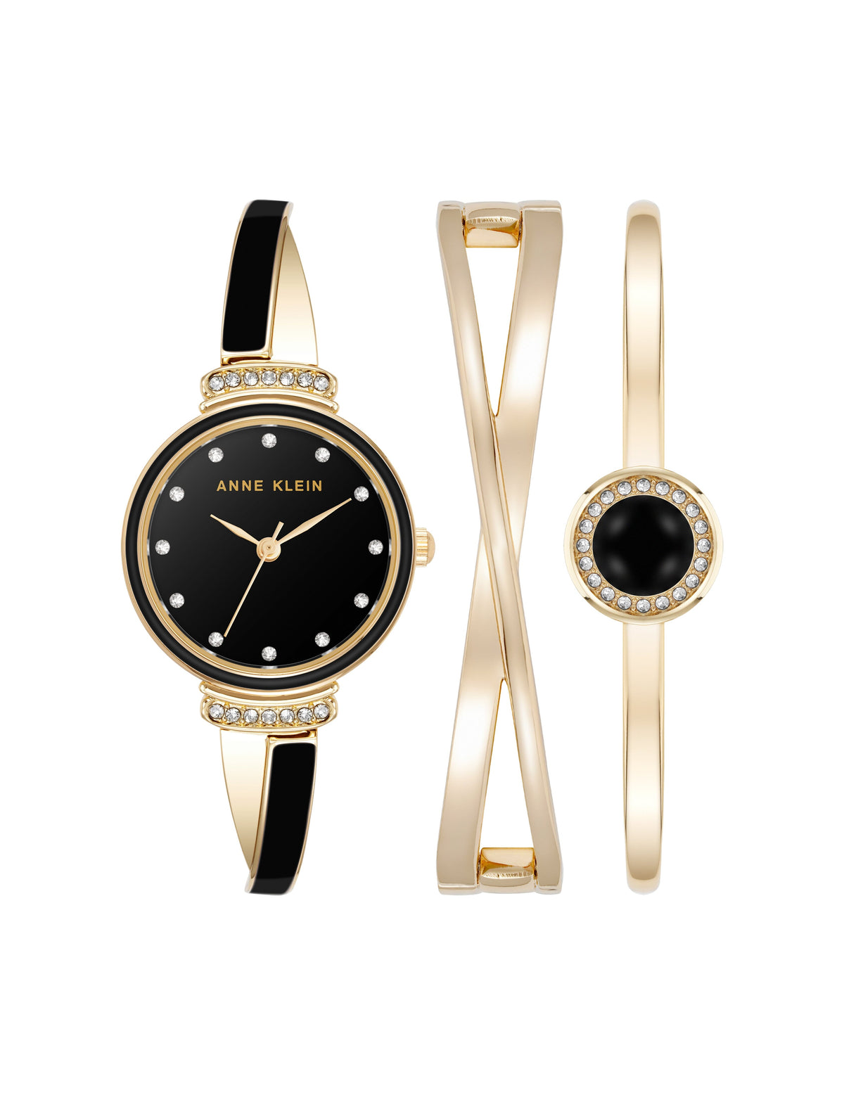 Anne Klein Black/Gold-Tone Enamel Accented Watch and Bracelet Set