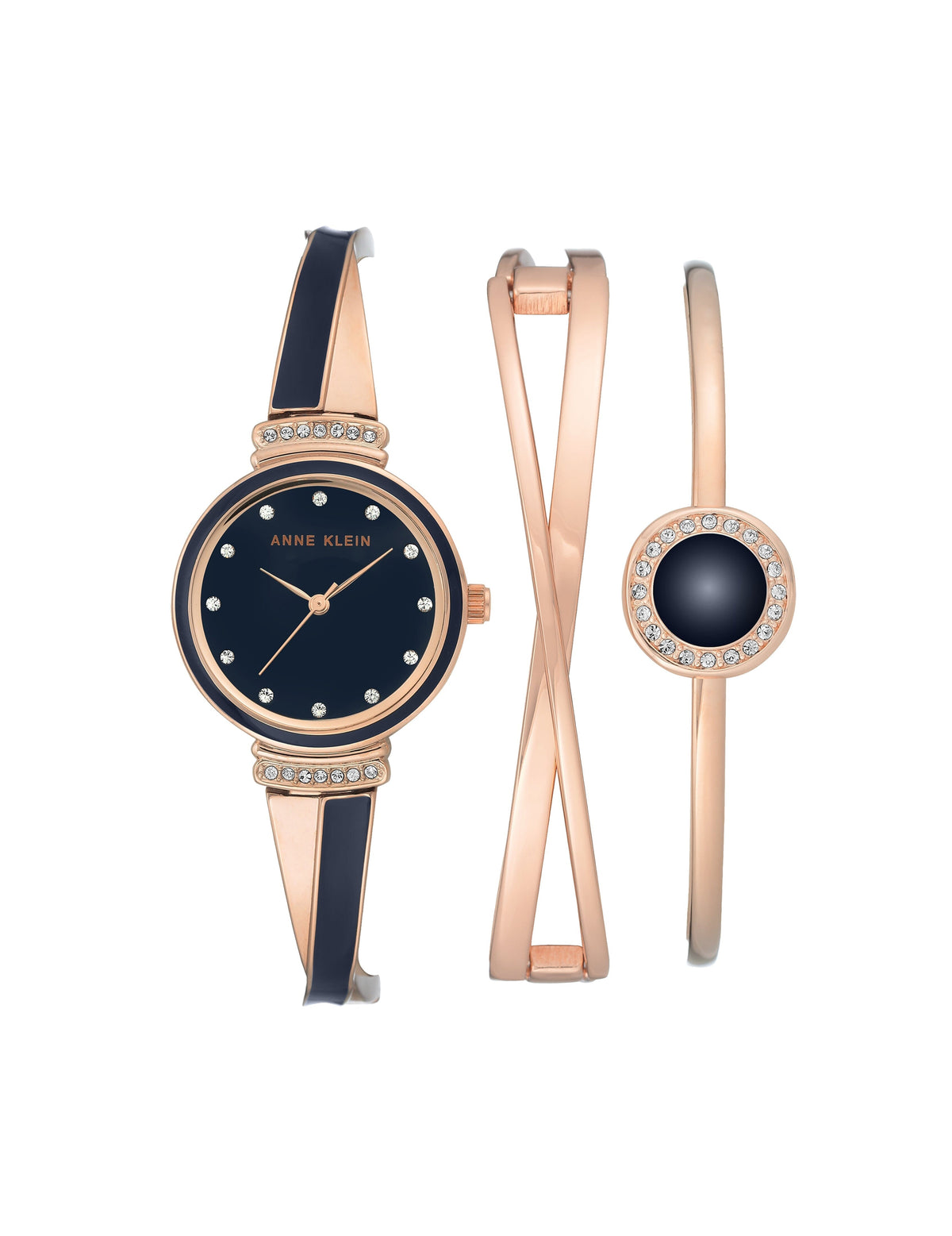 Anne Klein Navy/Rose Gold-Tone Enamel Accent Watch and Bracelet Set