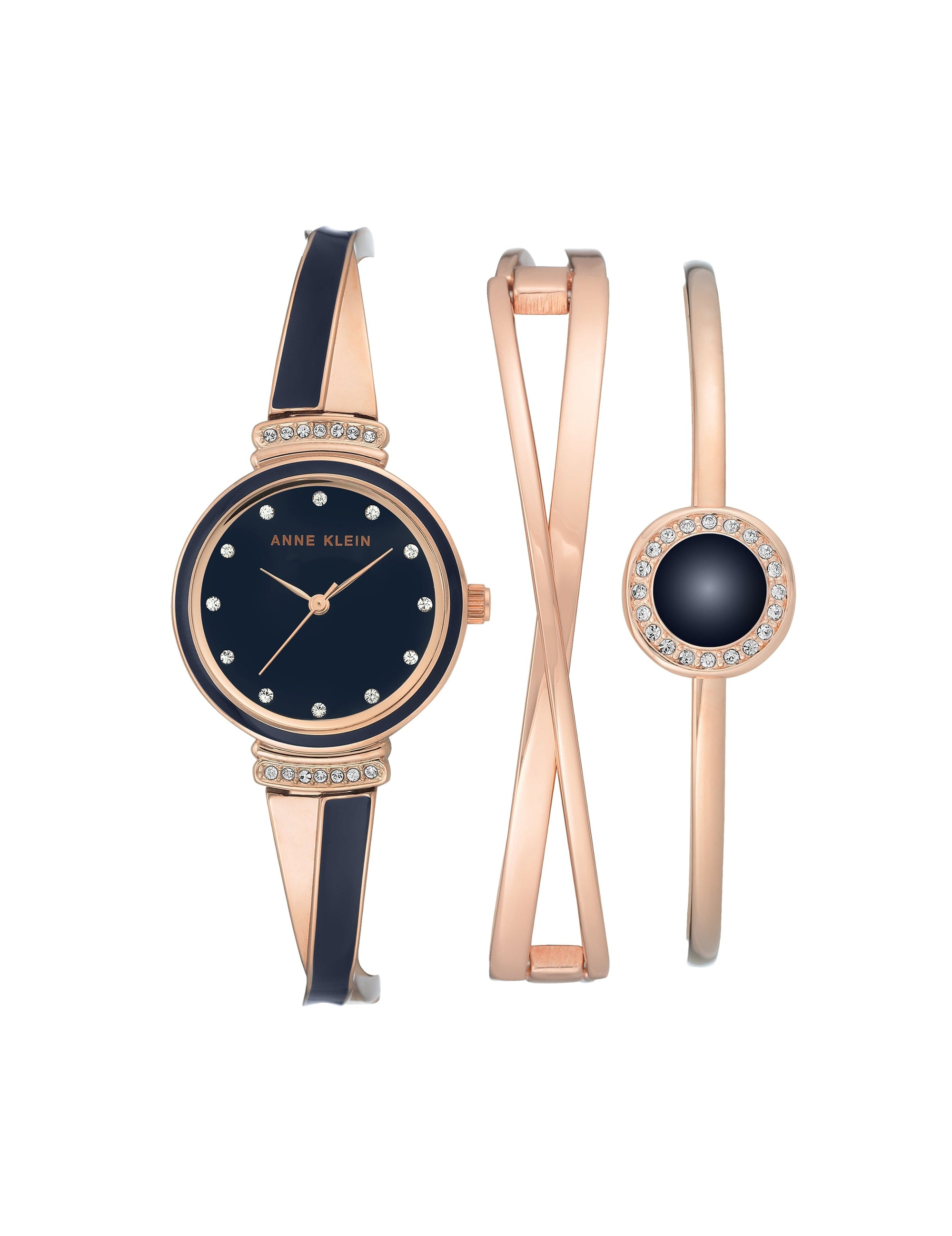Anne Klein Navy/Rose Gold-Tone Enamel Accent Watch and Bracelet Set