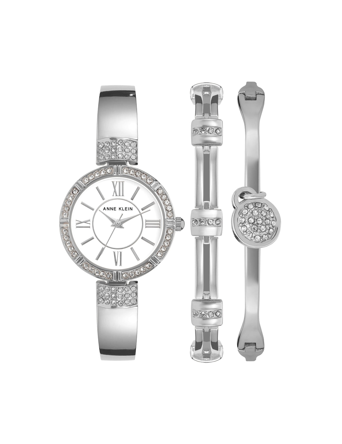 Anne Klein Silver-Tone Crystal Accented Watch with Matching Bangles Set