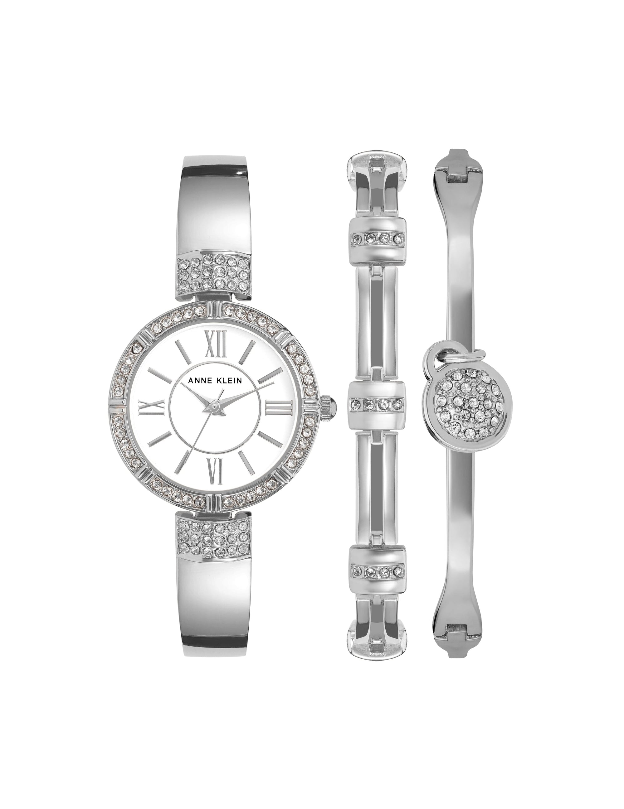 Anne Klein Silver-Tone Crystal Accented Watch with Matching Bangles Set