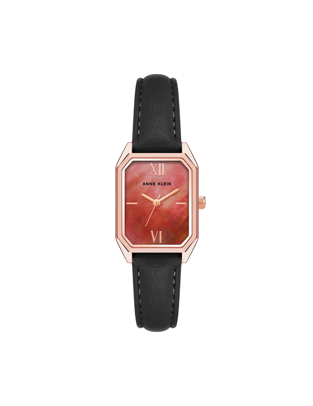 Anne Klein Black/Burgundy/Rose Gold-Tone Octagonal Shaped Leather Strap Watch