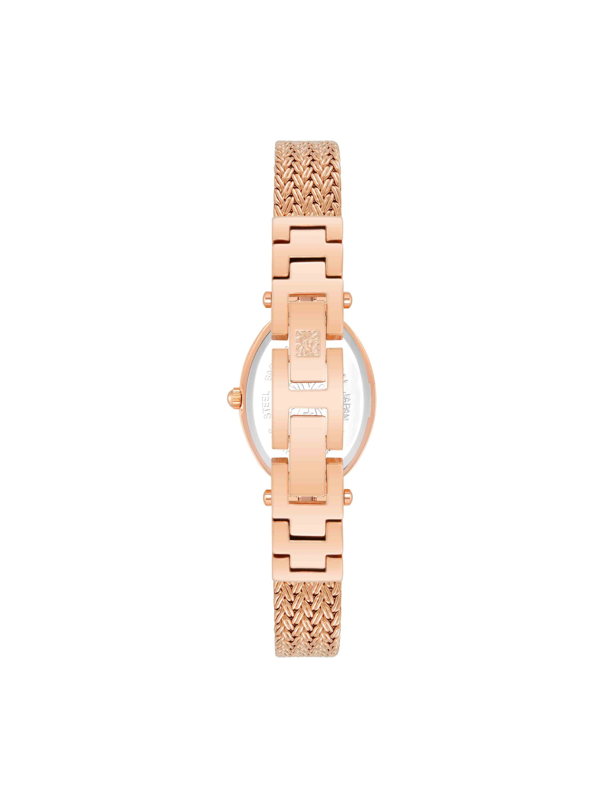 Anne Klein Rose Gold-Tone Oval Crystal Accented Mesh Bracelet Watch