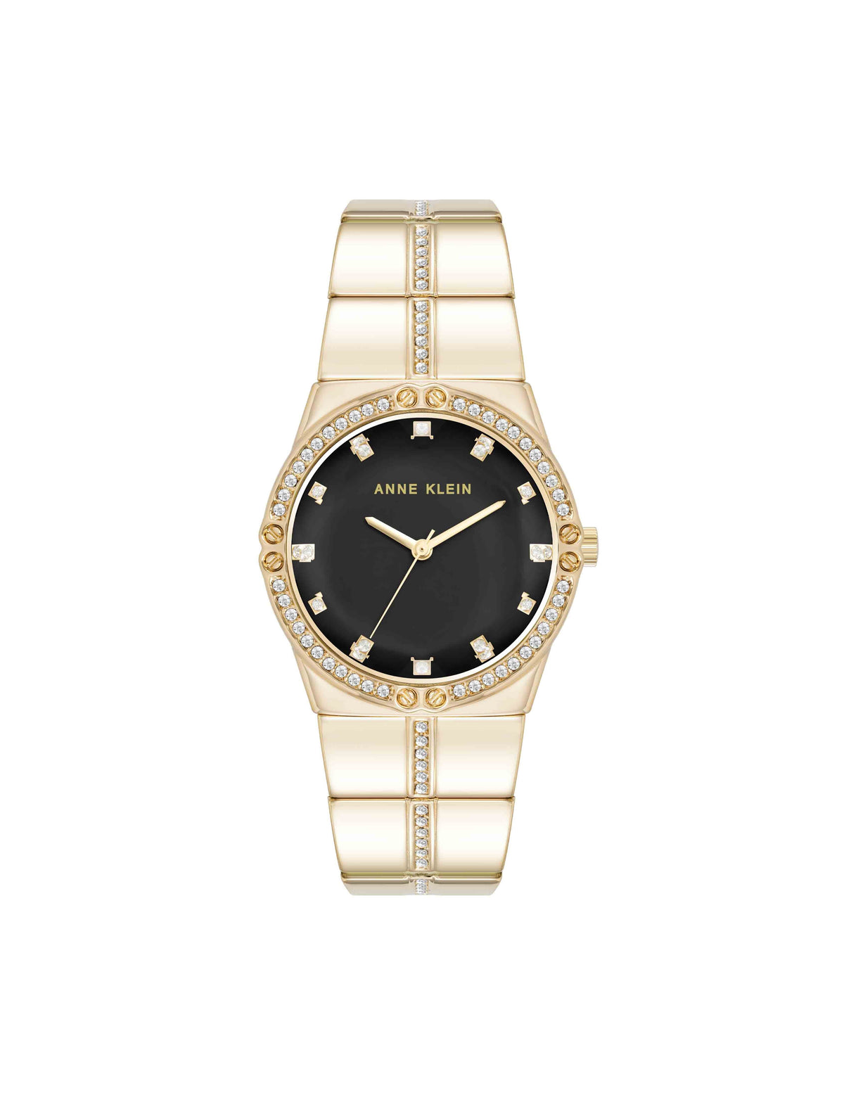 Anne Klein Black/Gold-Tone Faceted Crystal Bezel Watch