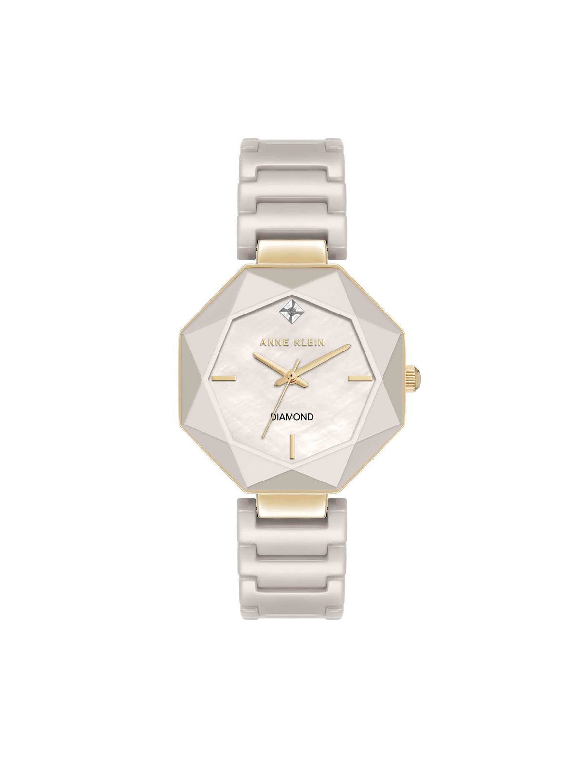 Anne Klein Taupe/Gold-Tone Octagonal Ceramic Diamond Dial Bracelet Watch