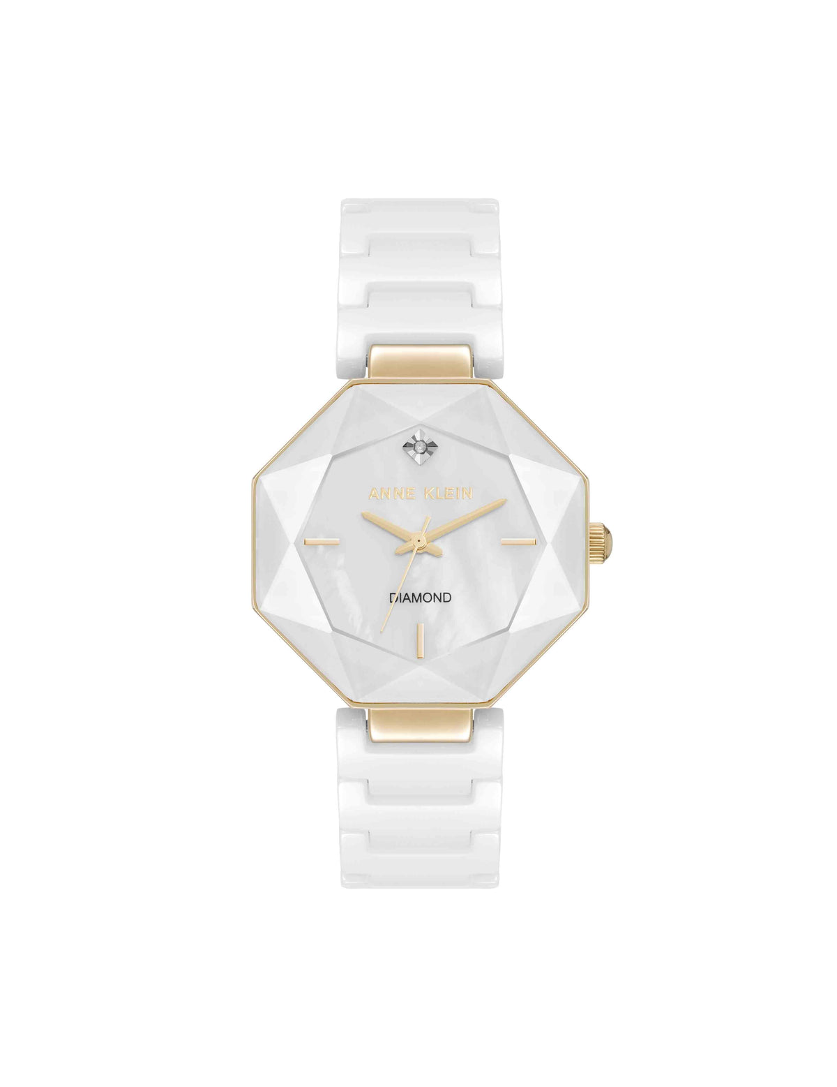 Anne Klein White/Gold-Tone Octagonal Ceramic Diamond Dial Bracelet Watch