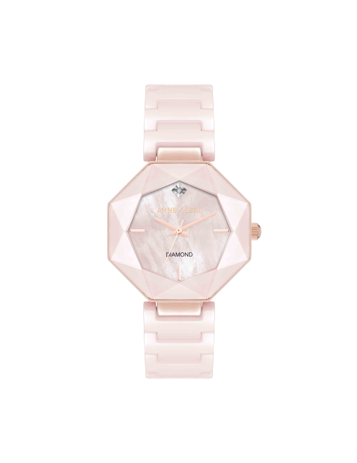 Anne Klein Blush Pink/Rose Gold-Tone Octagonal Ceramic Diamond Dial Bracelet Watch