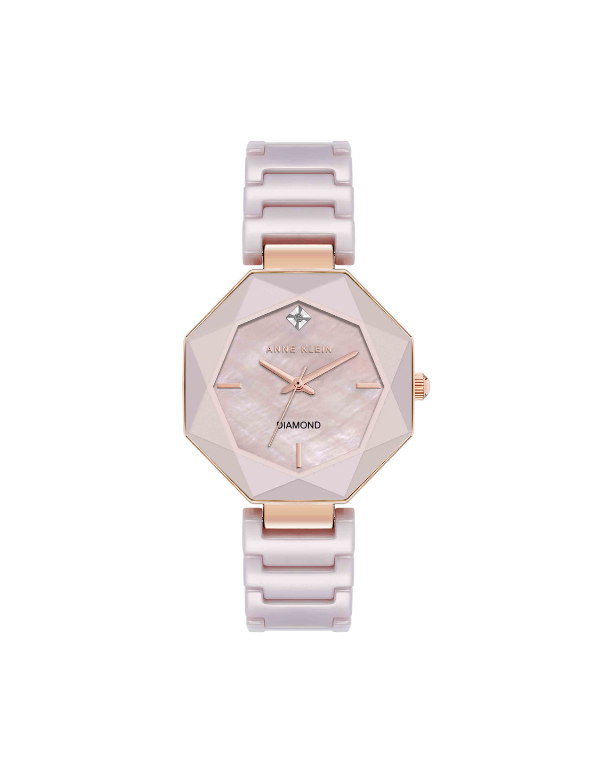 Anne Klein Mauve/Rose Gold-Tone Octagonal Ceramic Diamond Dial Bracelet Watch