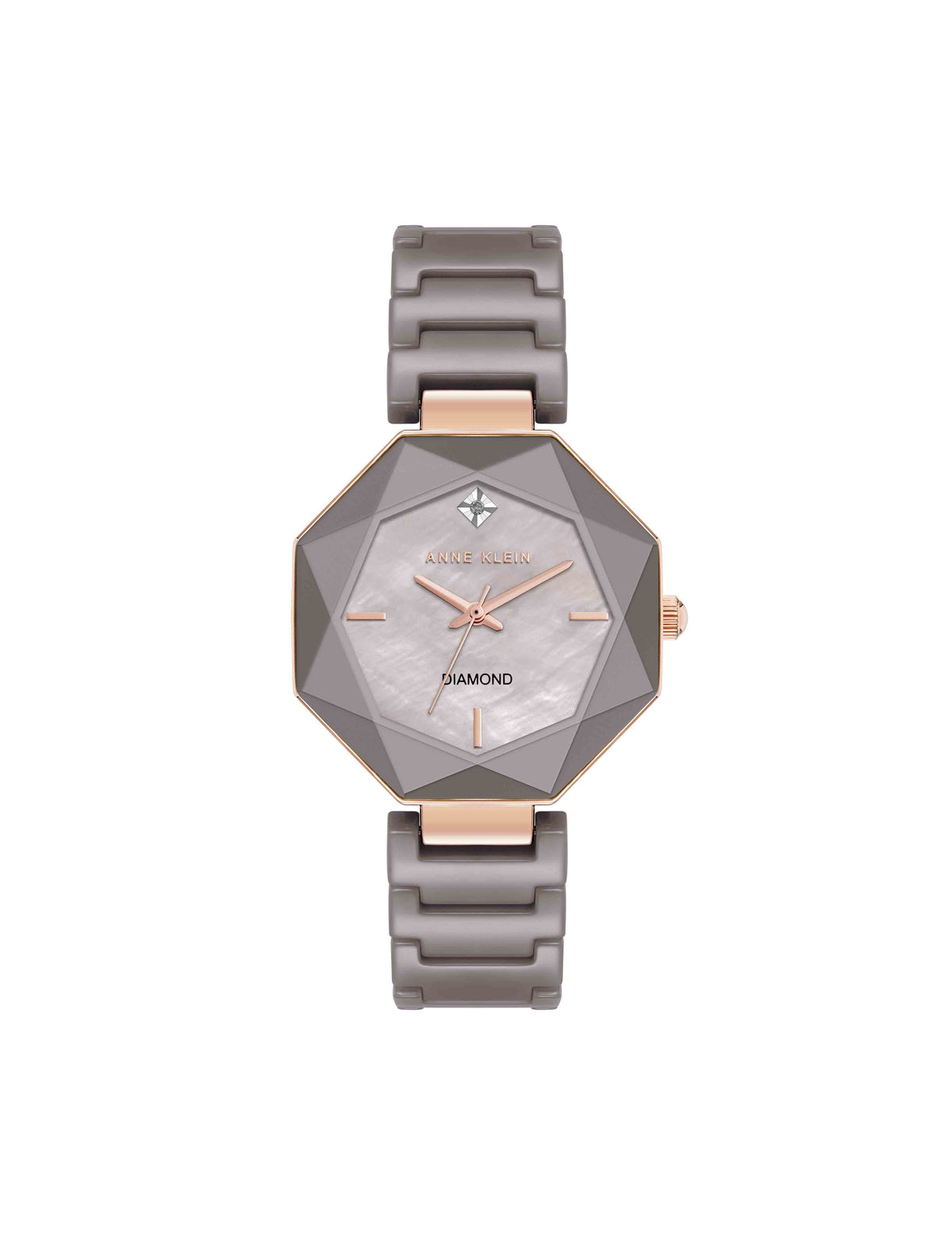 Anne Klein Taupe/Rose Gold-Tone Octagonal Ceramic Diamond Dial Bracelet Watch