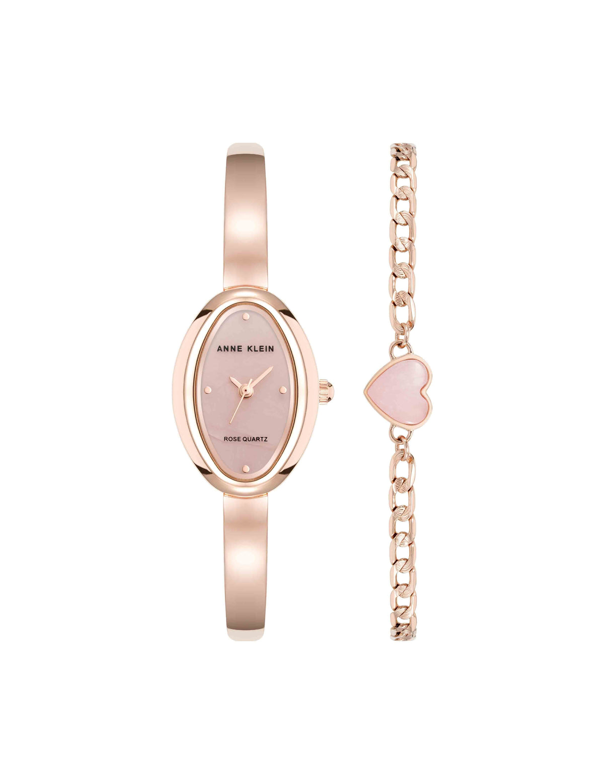 Anne Klein Rose Quartz/Rose Gold-Tone Oval Gemstone Bangle Watch Set