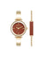 Anne Klein Red-Orange/Gold-Tone Round Gemstone Bangle Watch Set