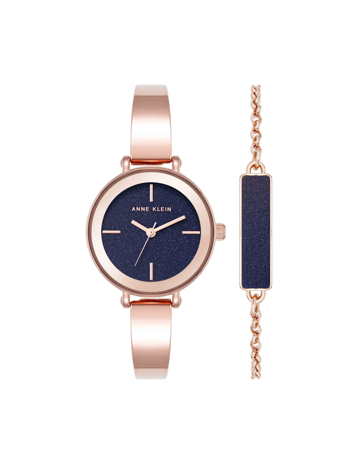 Anne Klein Navy/Rose Gold-Tone Round Gemstone Bangle Watch Set