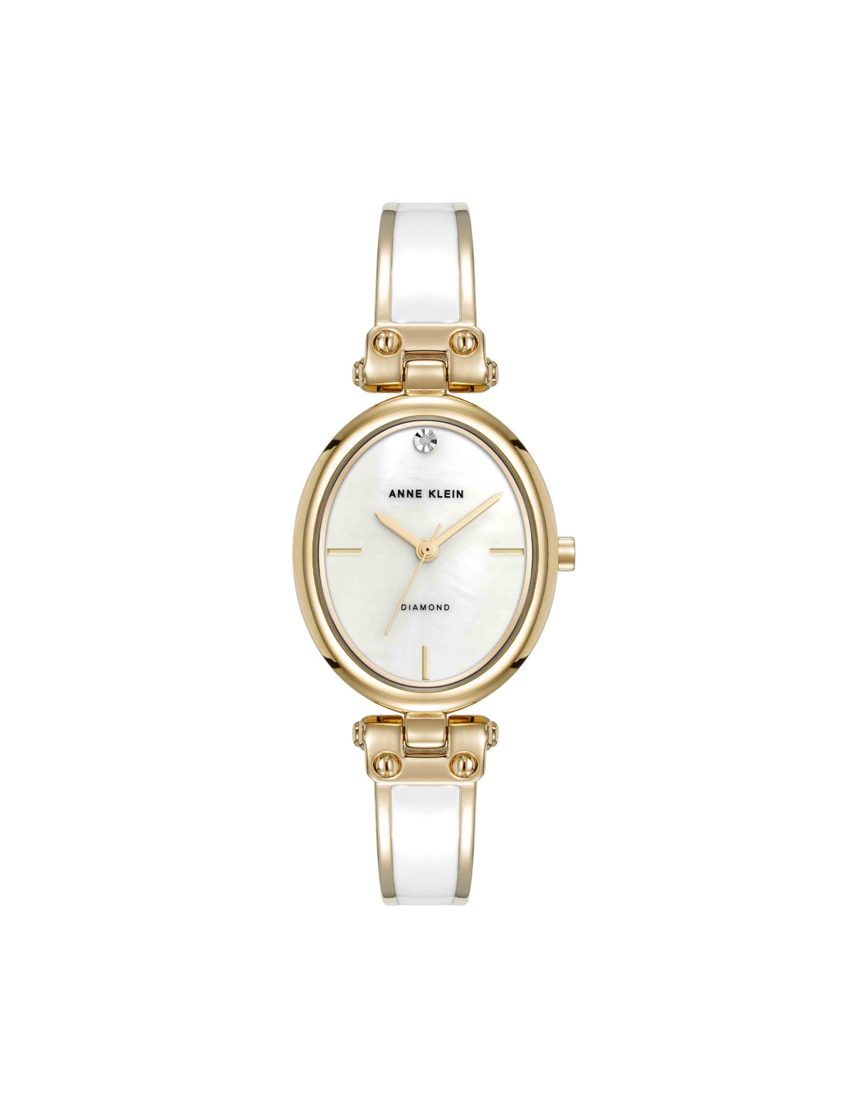 Anne Klein White/Gold-Tone Oval Diamond Accented Bangle Watch