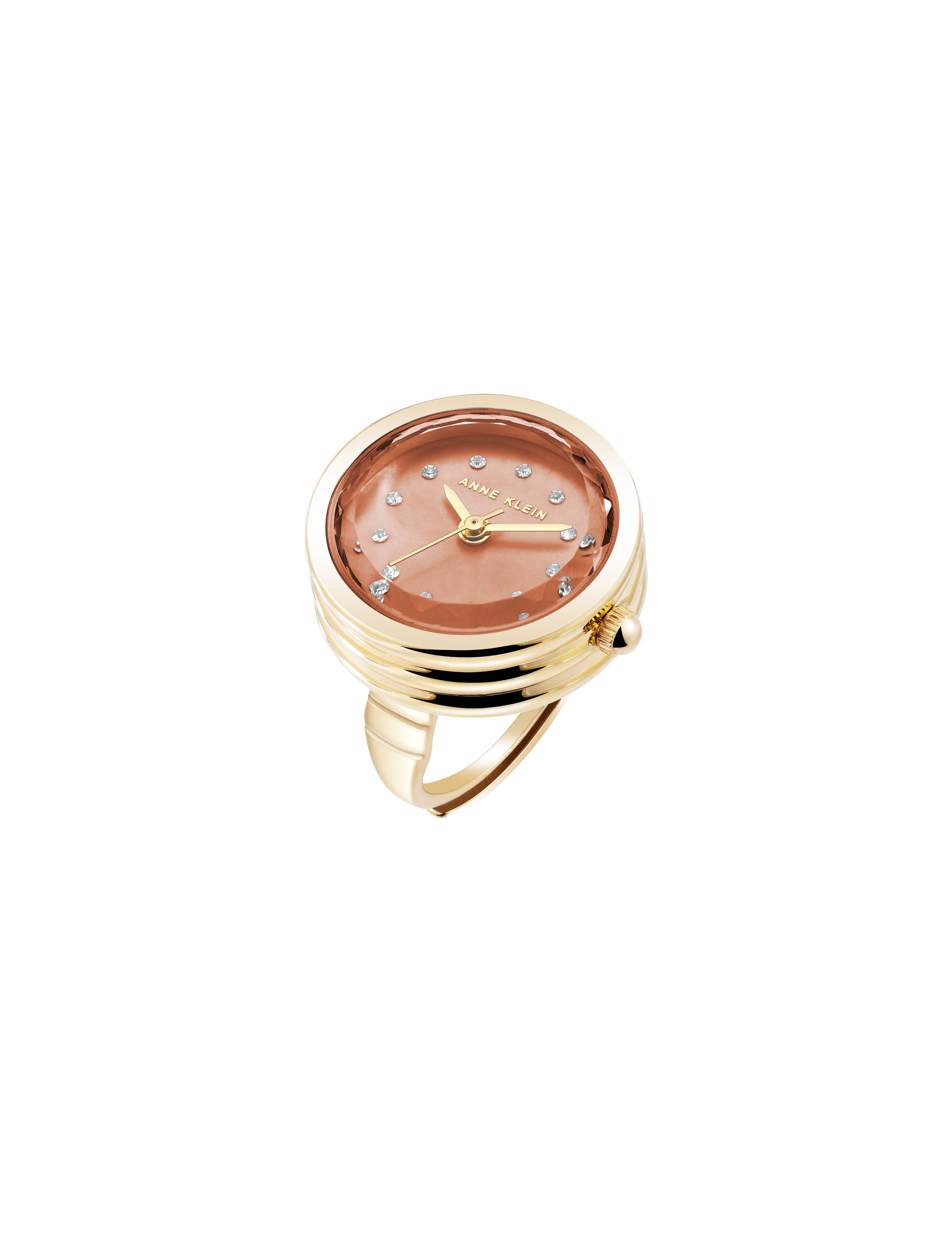 Anne Klein Gold-Tone/Peach Crystal Accented Ring Watch