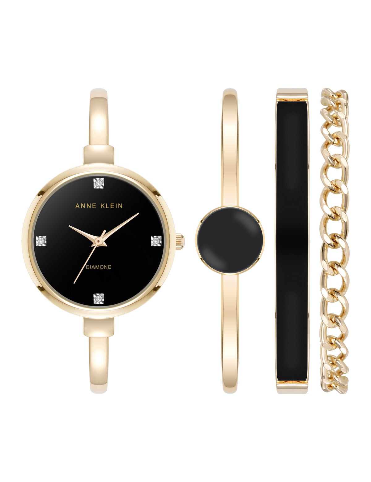 Anne Klein Gold-Tone/Black Genuine Diamond Accented Bangle Watch and Bracelet Set