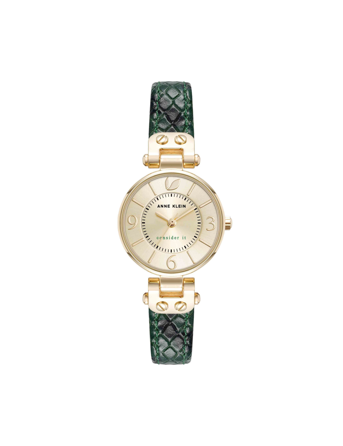 Anne Klein Gold-Tone/Green Consider It Sustainable Leather Strap Watch