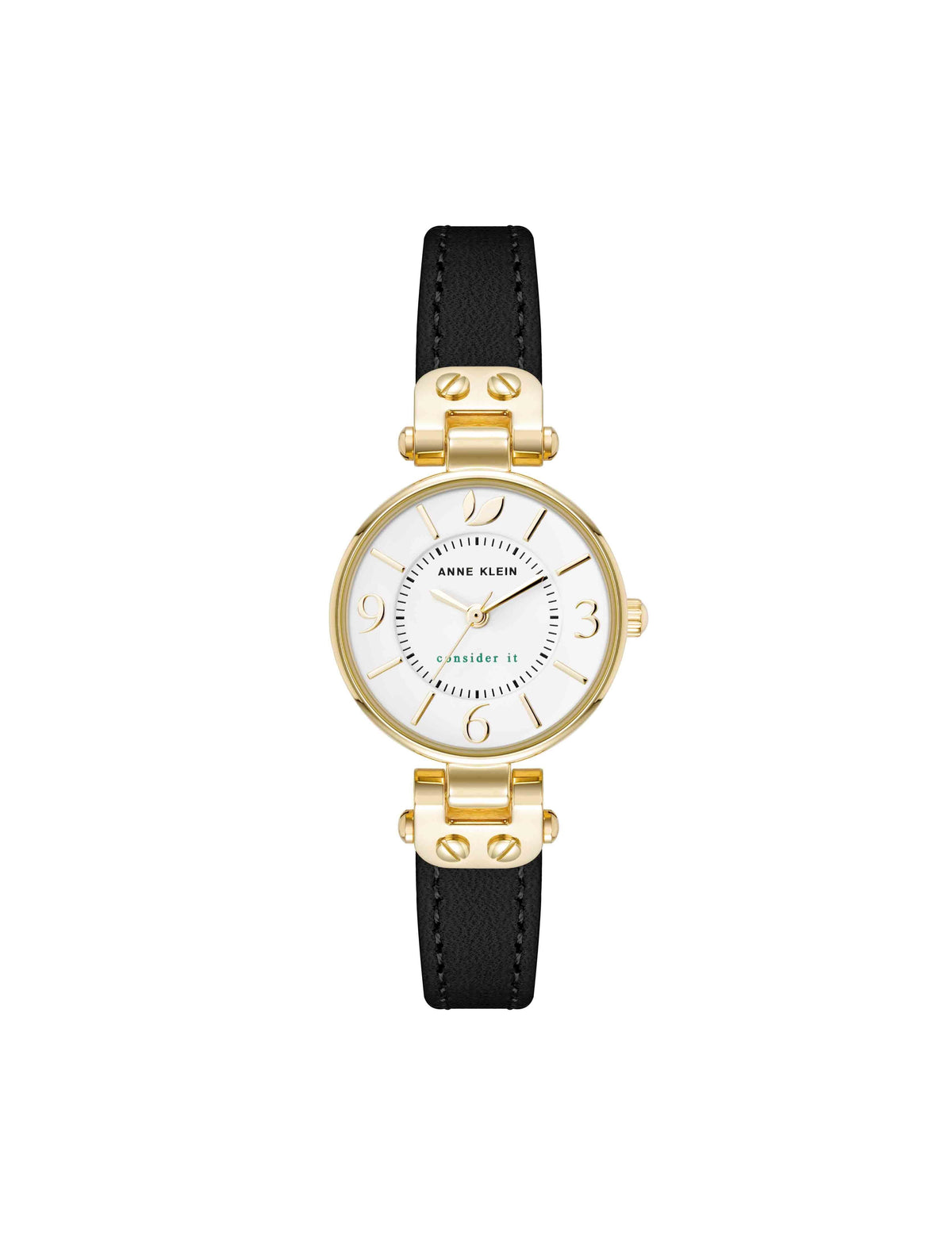 Anne Klein Gold-Tone/Black Consider It Sustainable Leather Strap Watch