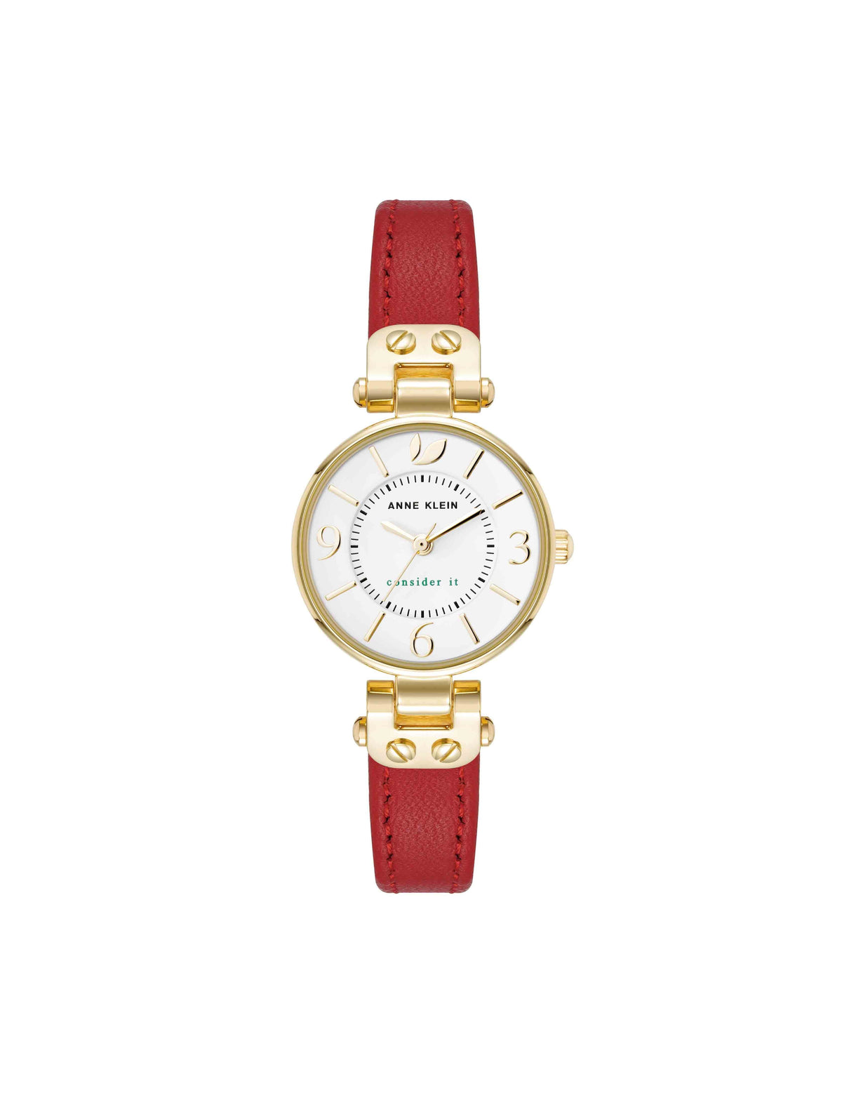 Anne Klein Gold-Tone/Red Consider It Sustainable Leather Strap Watch