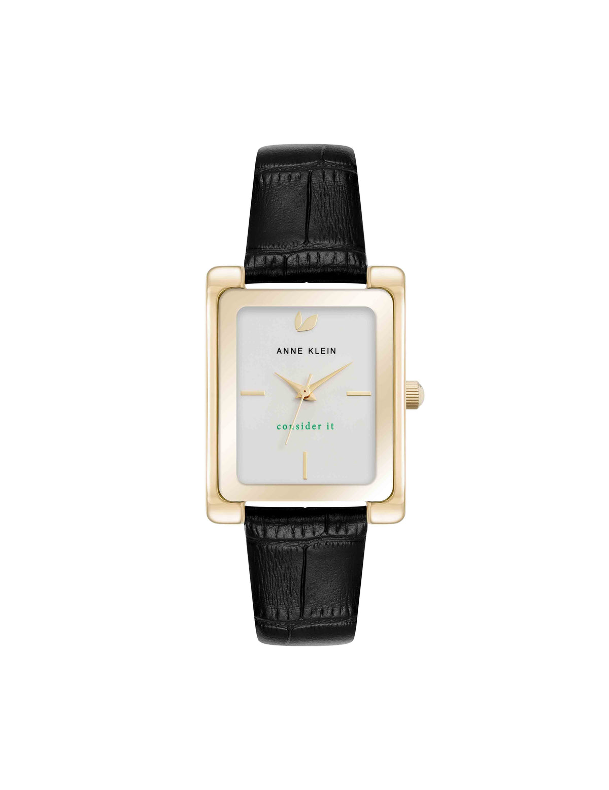 Anne Klein Gold-Tone/Black Consider It Rectangular Leather Band Watch