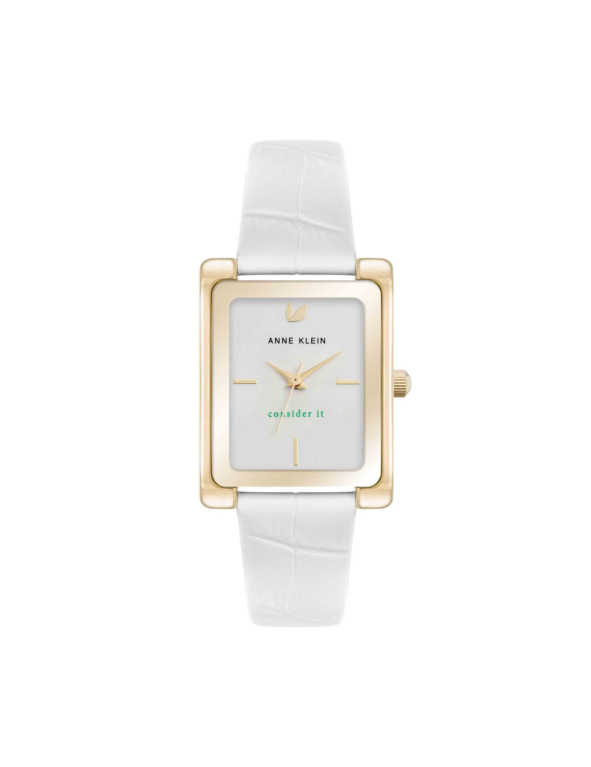 Anne Klein Gold-Tone/White Consider It Rectangular Leather Band Watch