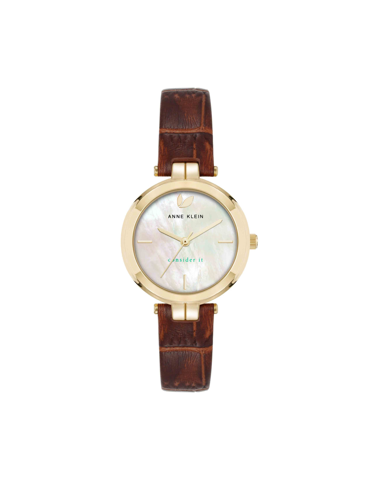 Anne Klein Gold-Tone/Brown Consider It Round Leather Band Watch