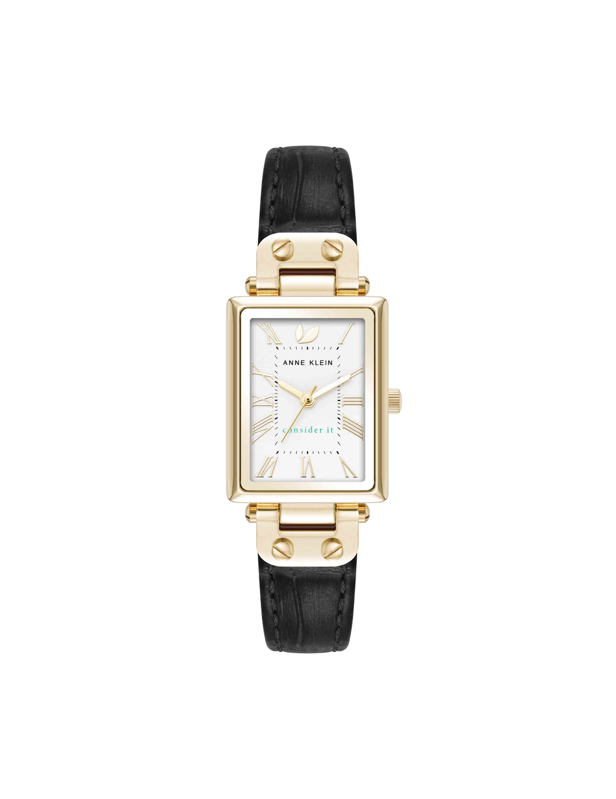 Anne Klein Gold-Tone/Black Consider It Rectangular Case Leather Watch