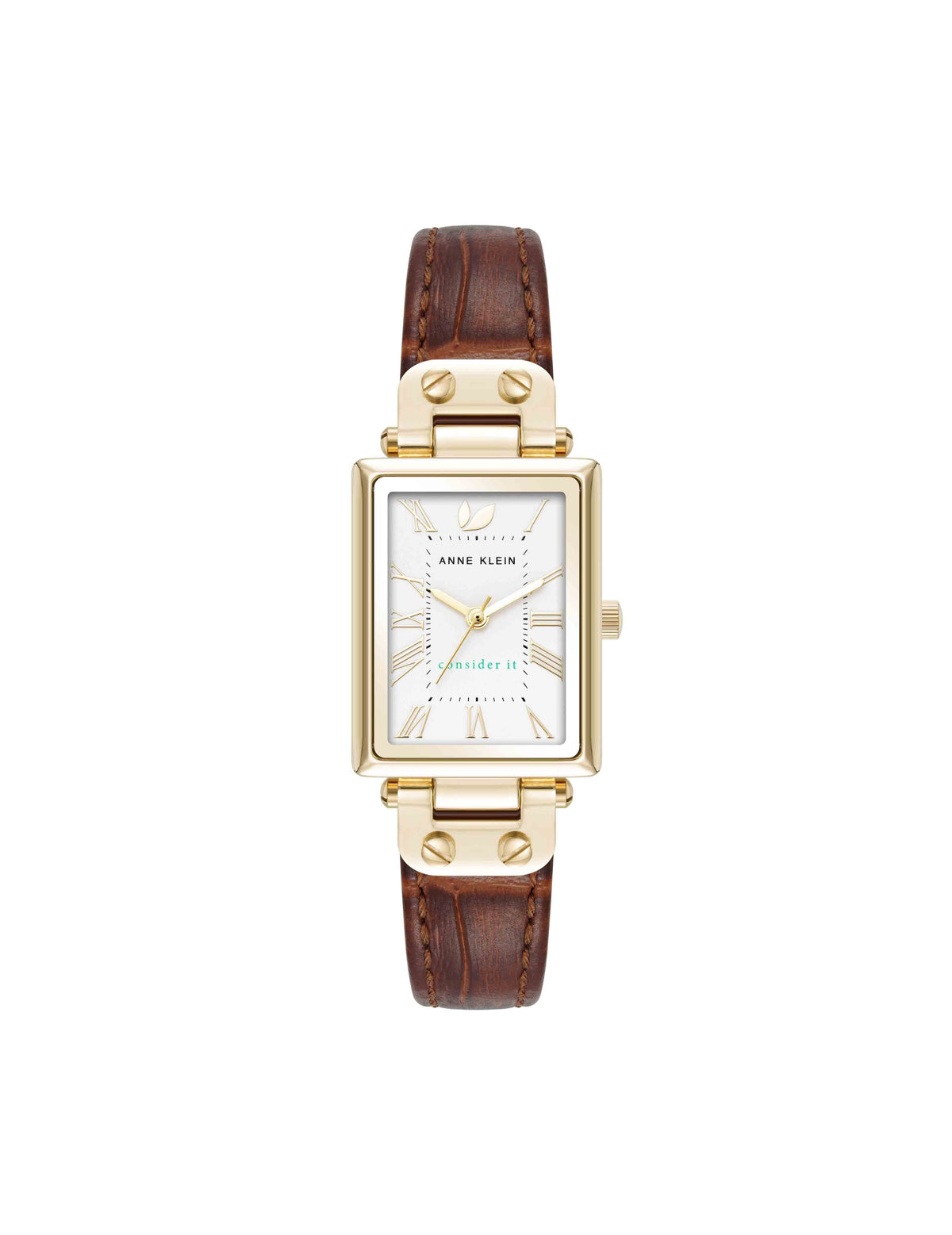 Anne Klein Gold-Tone/Brown Consider It Rectangular Case Leather Watch