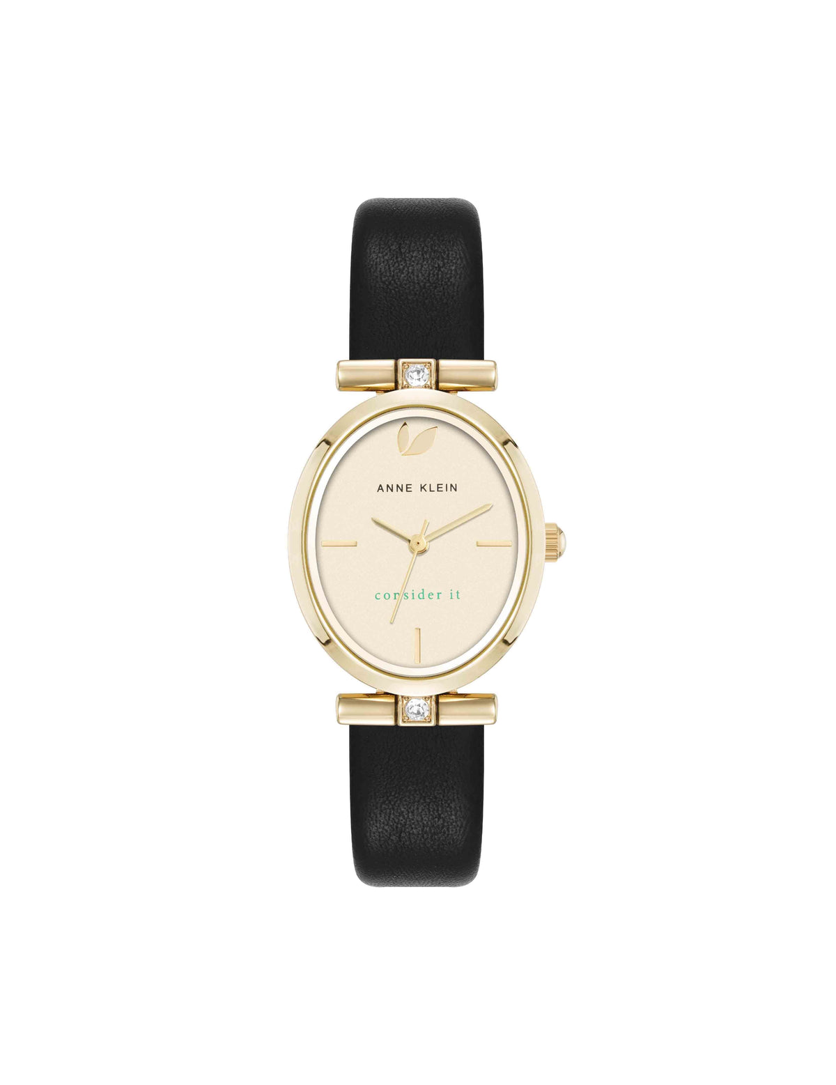 Anne Klein Gold-Tone/Black Consider It Oval Case Leather Watch