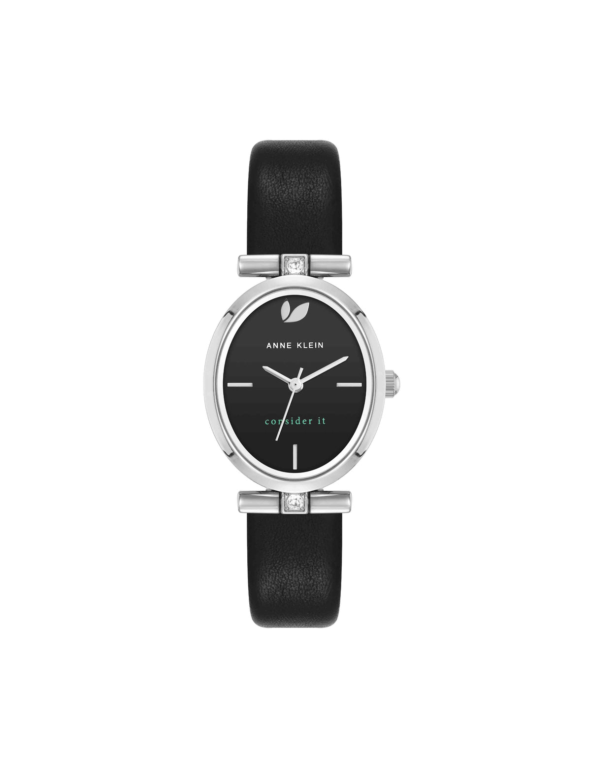 Anne Klein Silver-Tone/Black Consider It Oval Case Leather Watch