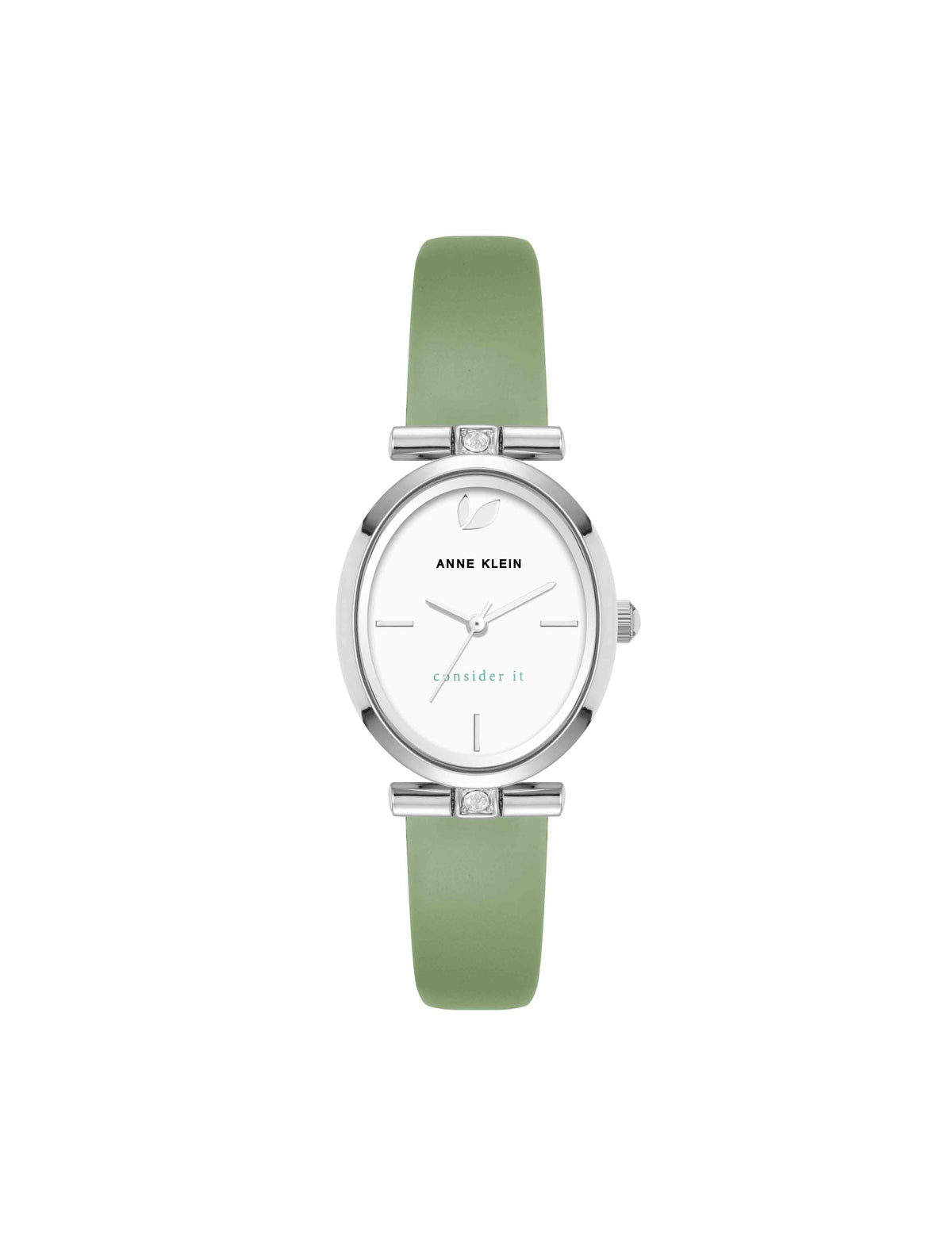 Anne Klein Green/Silver-Tone Consider It Oval Case Leather Watch