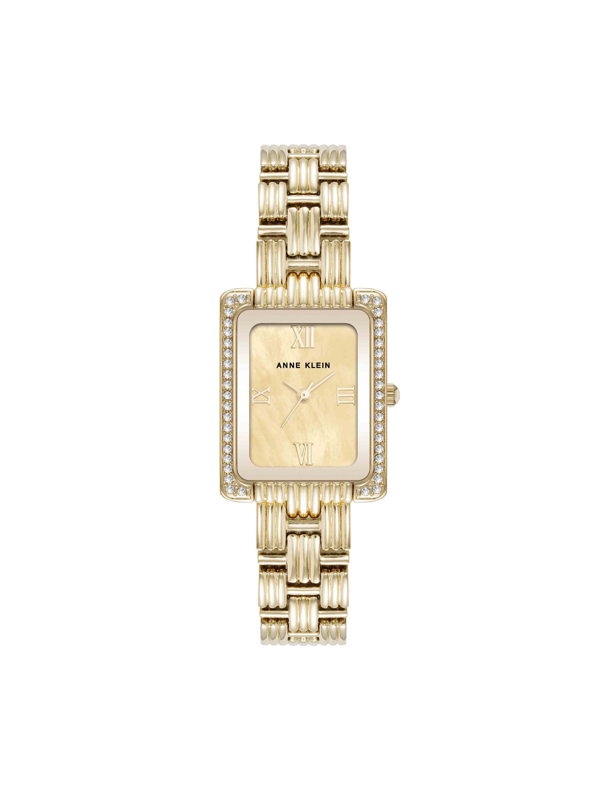 Anne Klein Gold-Tone Premium Crystal Accented Grooved Link Bracelet Watch