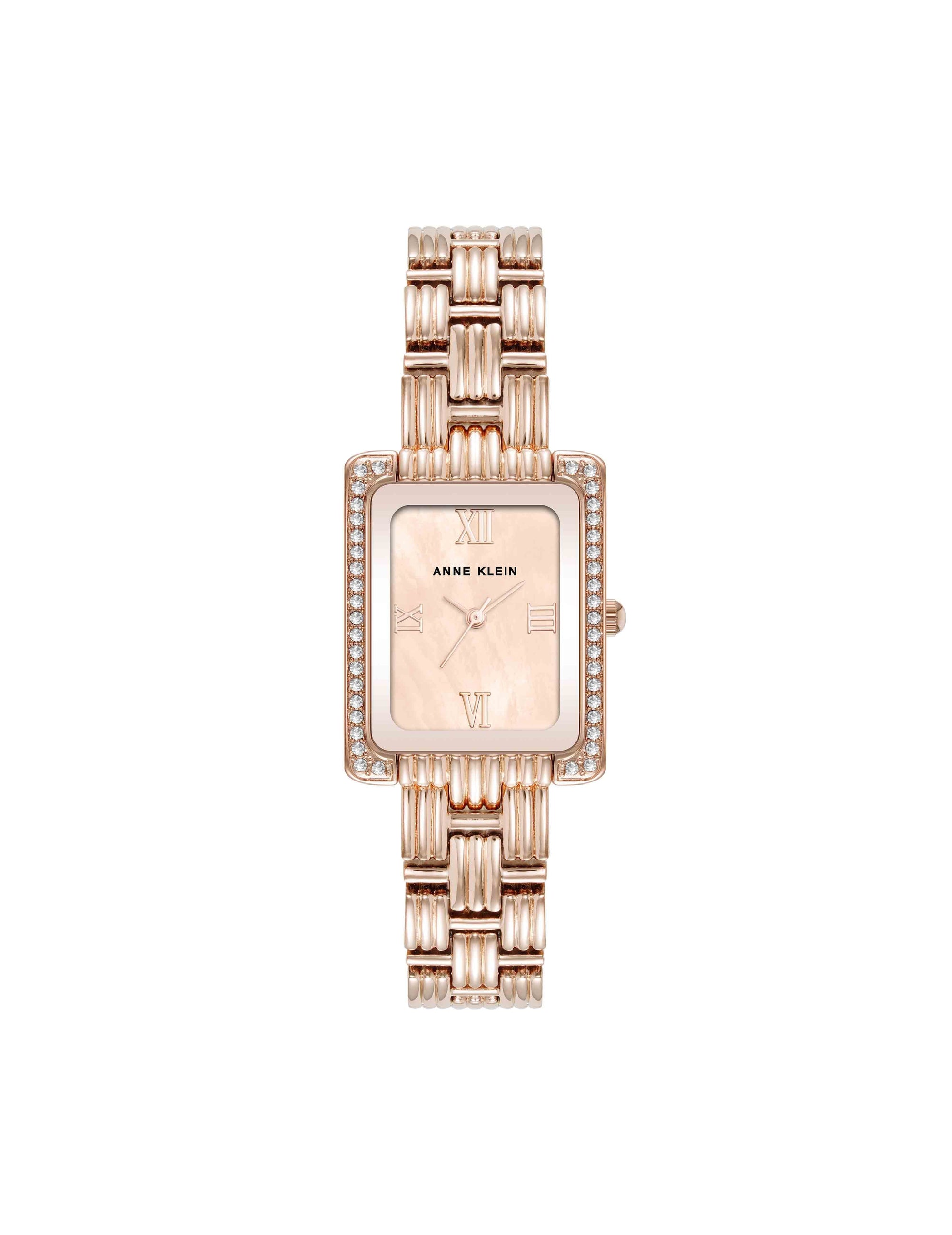 Anne Klein Rose Gold-Tone Premium Crystal Accented Grooved Link Bracelet Watch