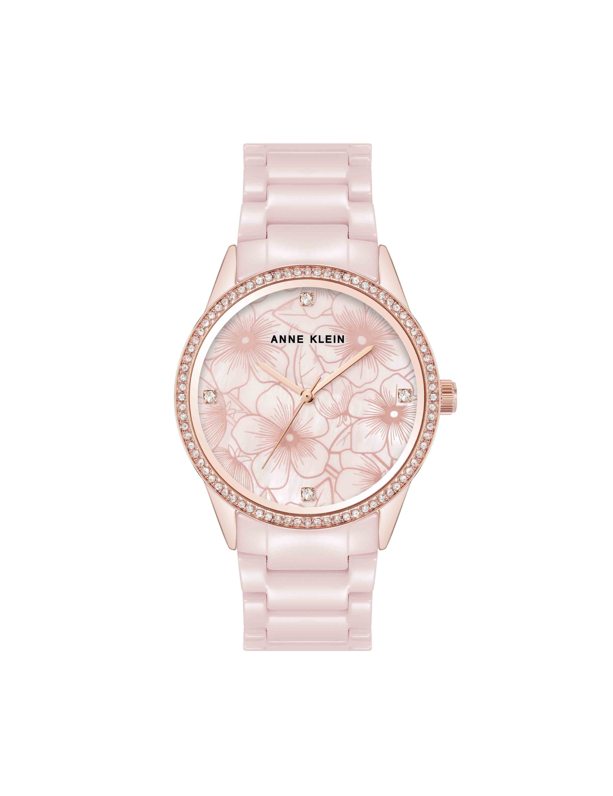 Anne Klein Blush/Rose Gold-Tone Ceramic Bracelet Floral Dial Watch