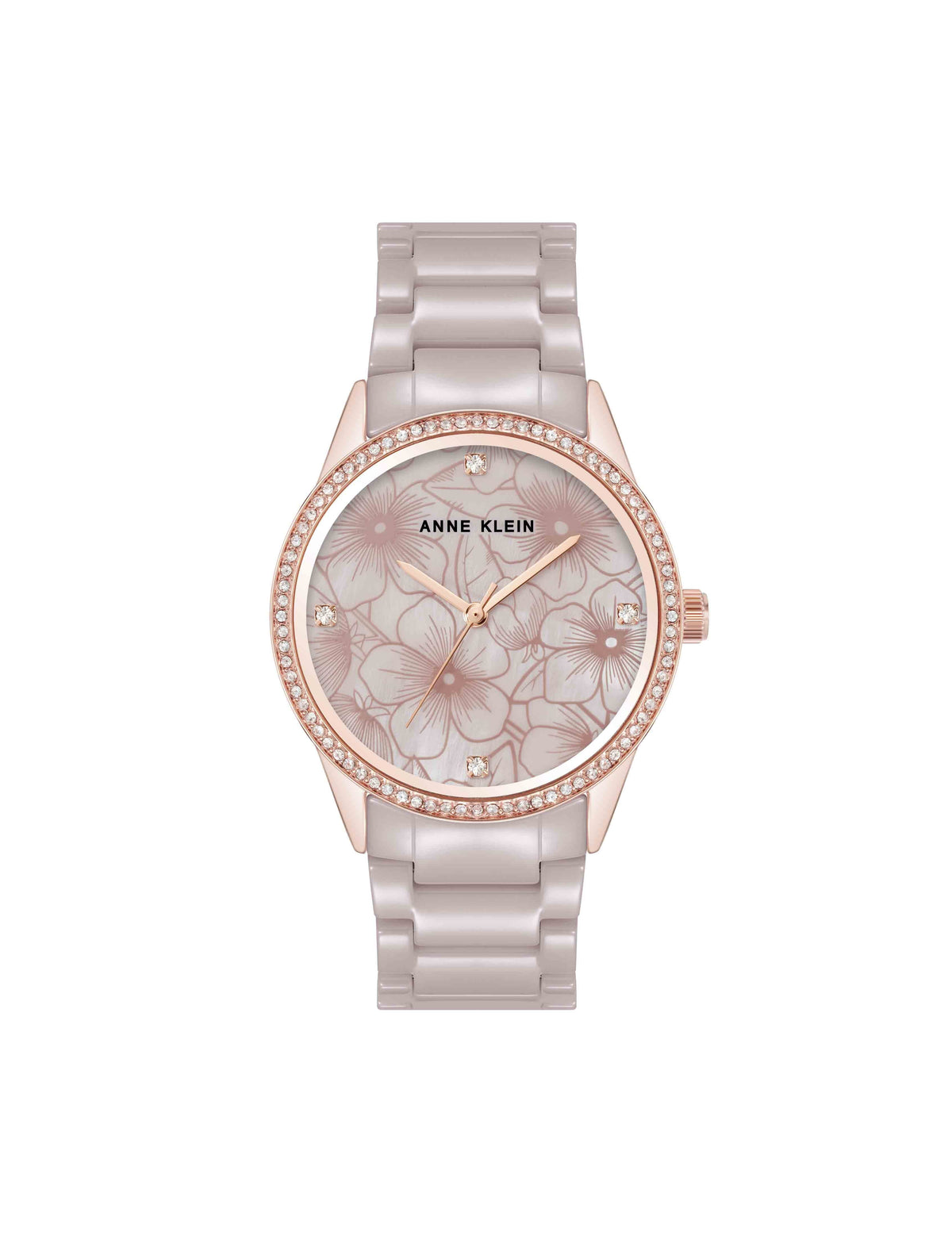 Anne Klein Taupe/Rose-Tone Ceramic Bracelet Floral Dial Watch