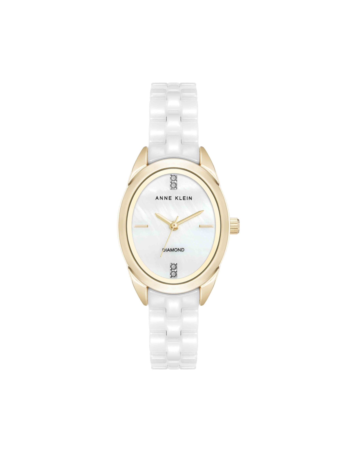 Anne Klein White/Gold-Tone Oval Ceramic Diamond Dial Bracelet Watch