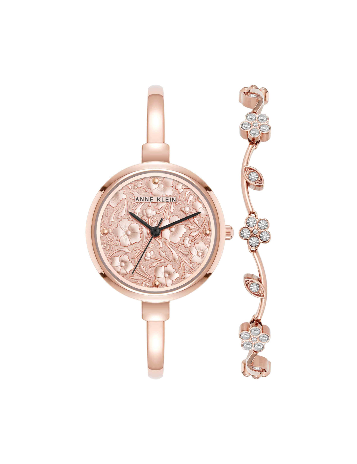 Anne Klein Rose Gold-Tone Floral Dial Bangle Watch Set