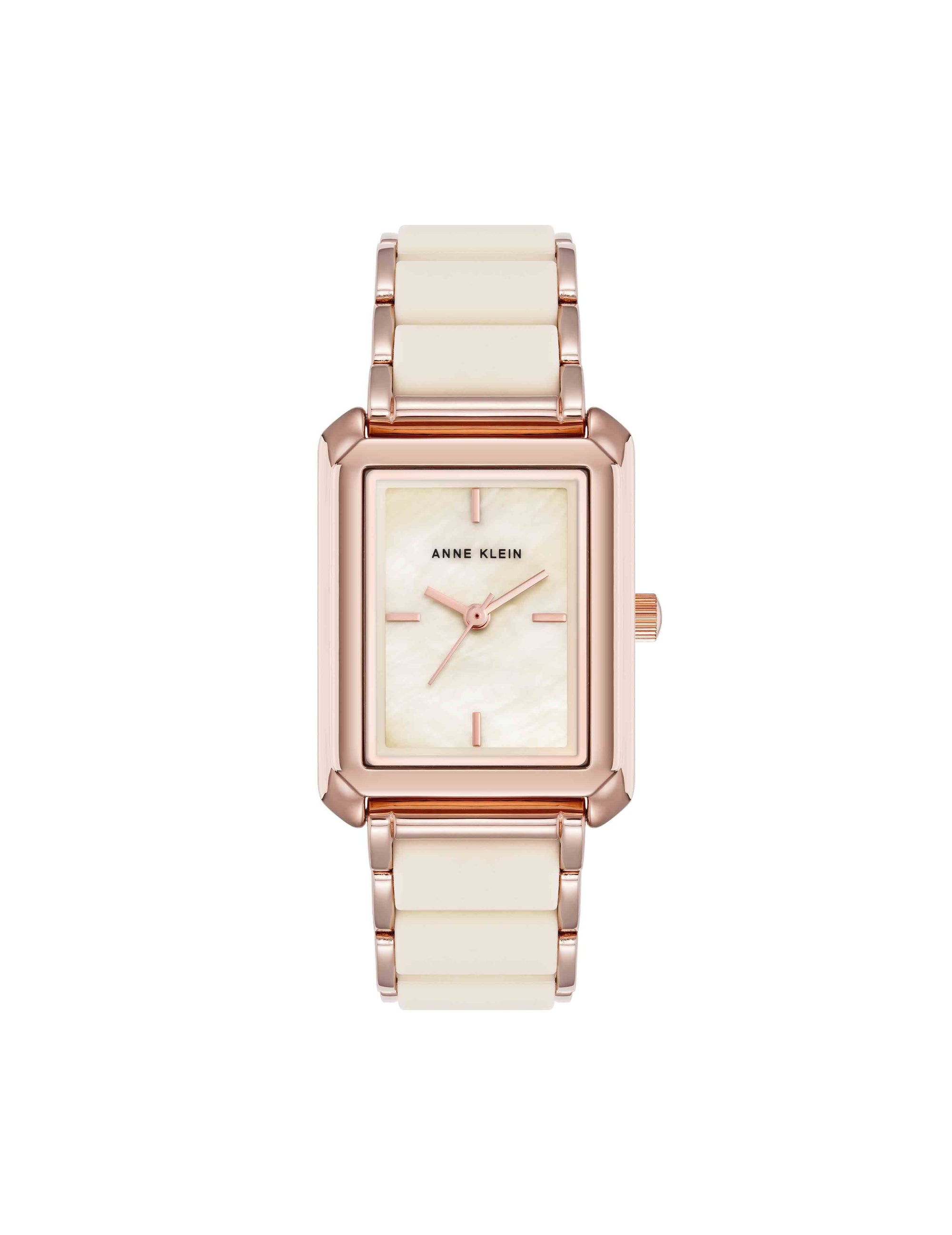 Anne Klein Ivory/Rose Gold-Tone Rectangular Silicone Bracelet Watch