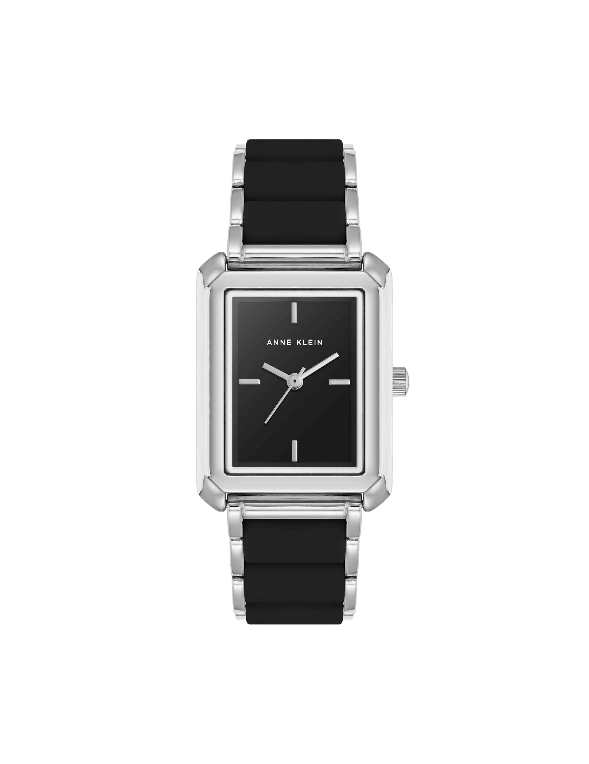 Anne Klein Black/Silver-Tone Rectangular Silicone Bracelet Watch