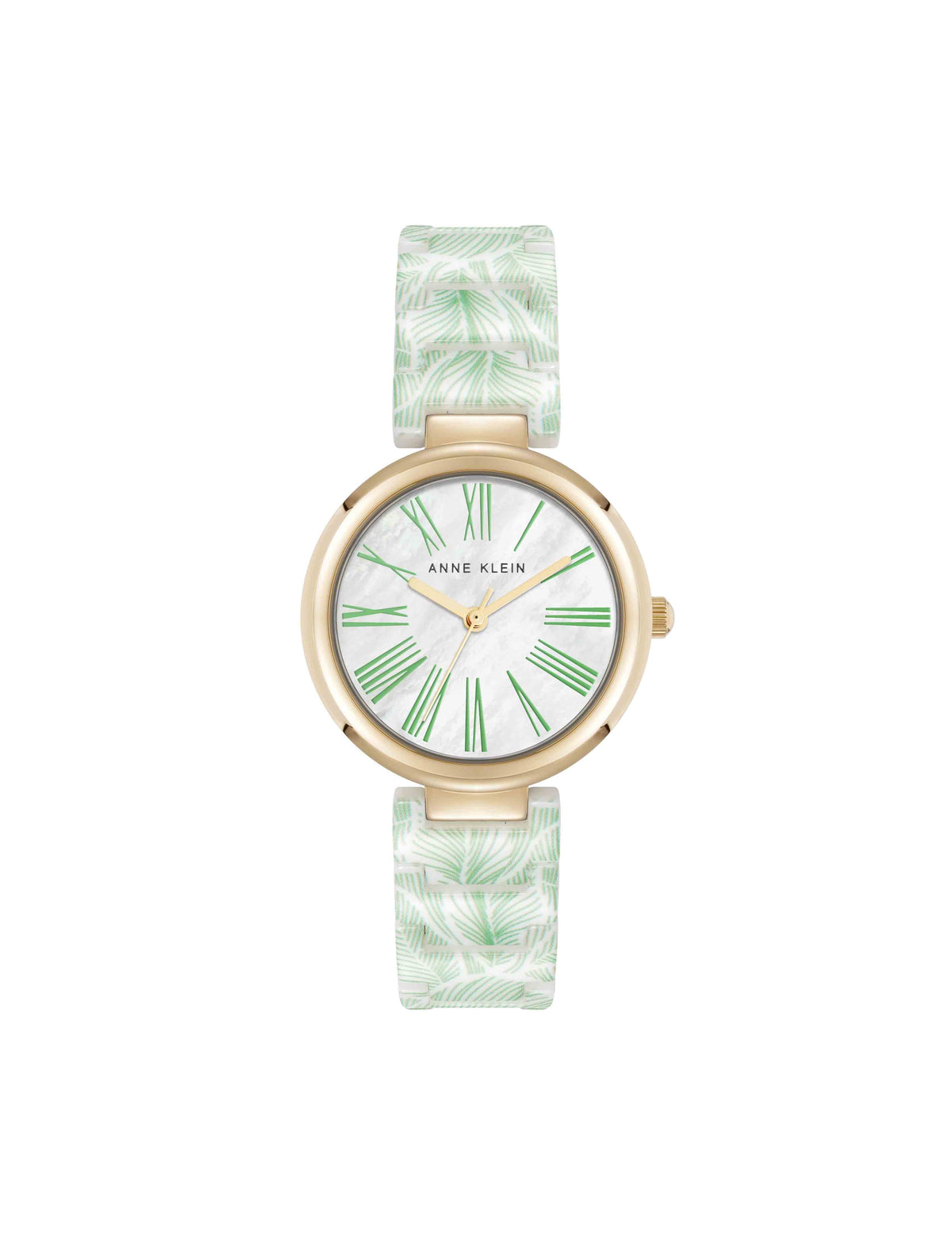 Anne Klein Green Leaves/Gold-Tone Botanical Pattern Ceramic Bracelet Watch