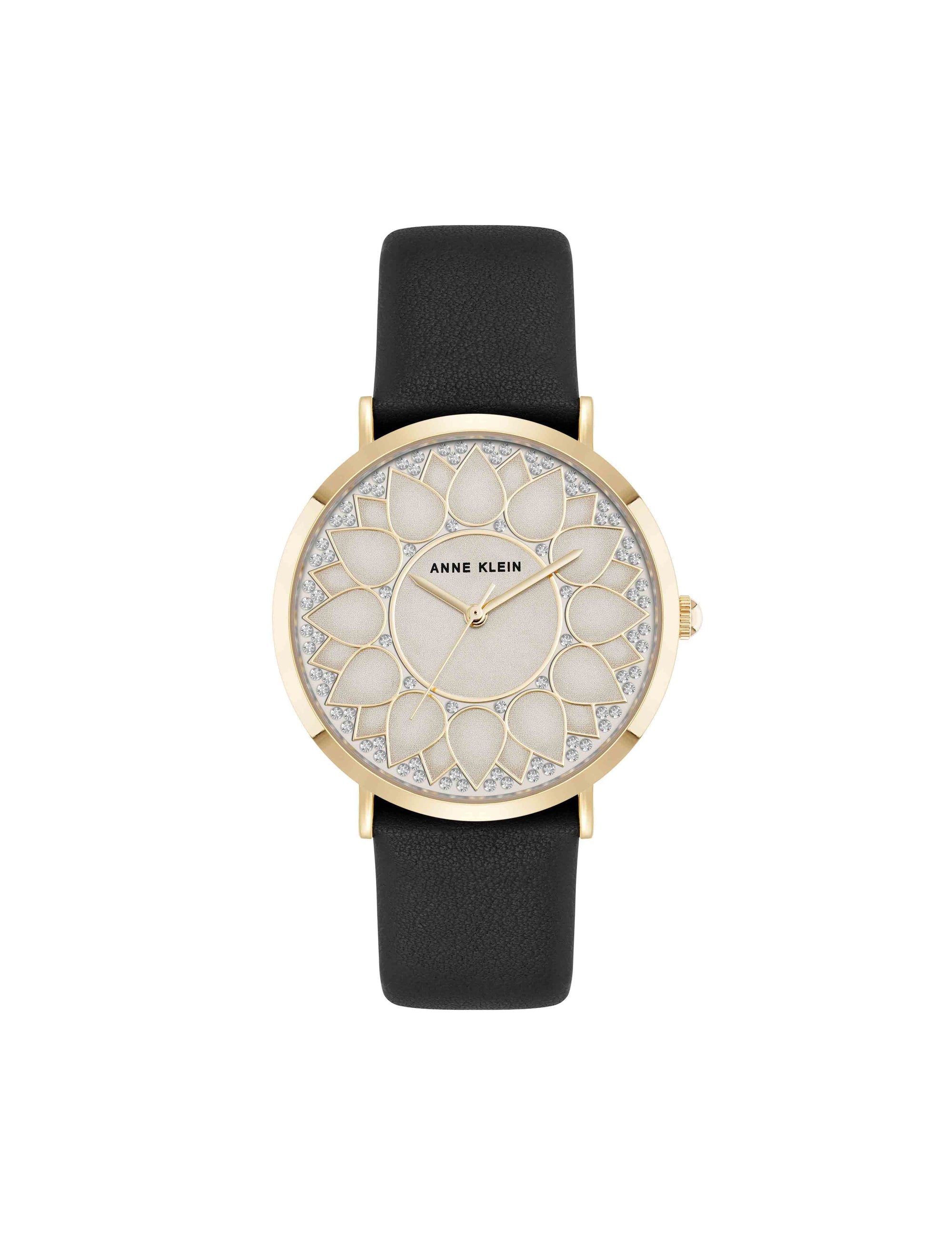 Anne Klein Black/Gold-Tone Patterned Dial Strap Watch