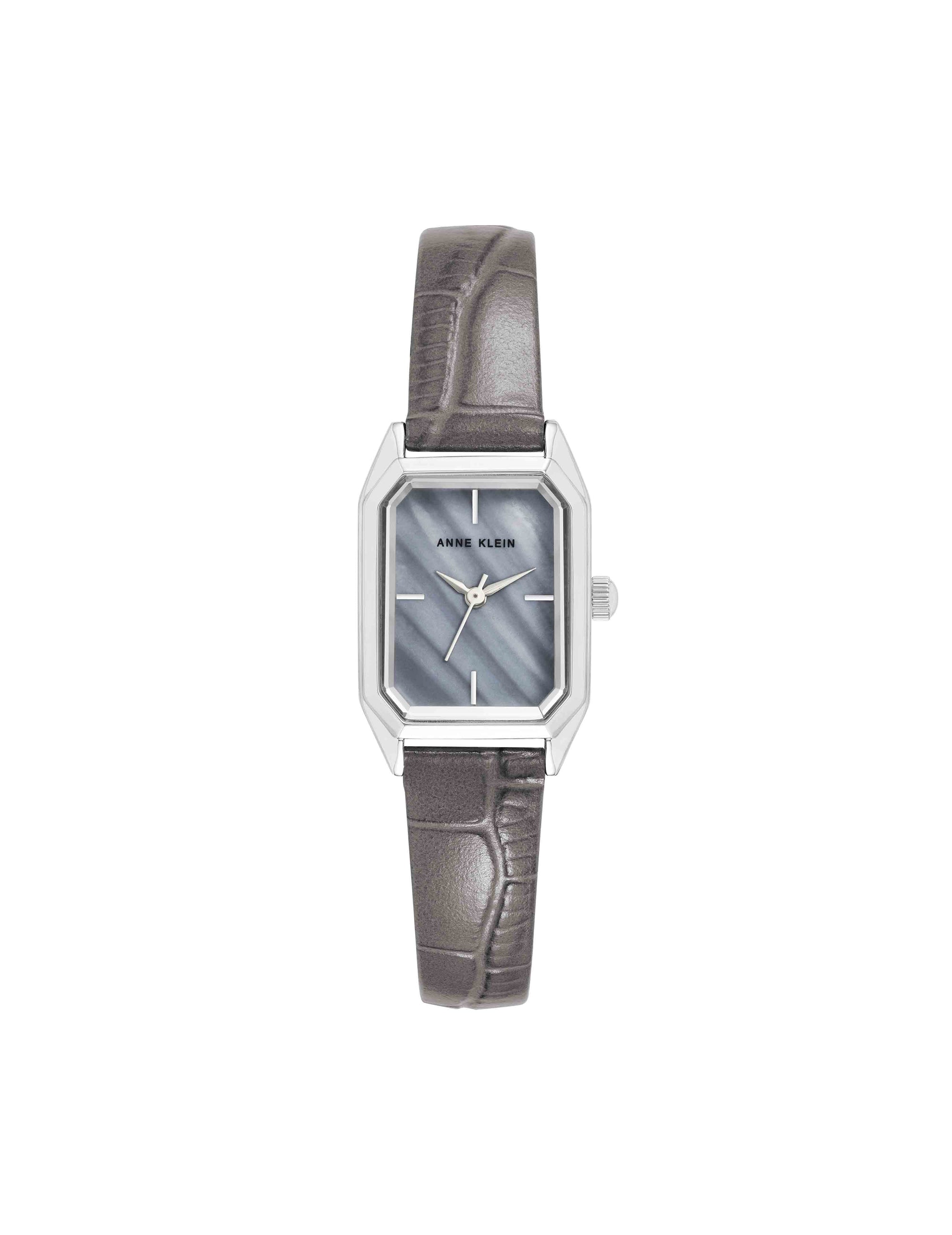 Anne Klein Grey/Silver-Tone Petitie Octagonal Shaped Case Leather Strap Watch