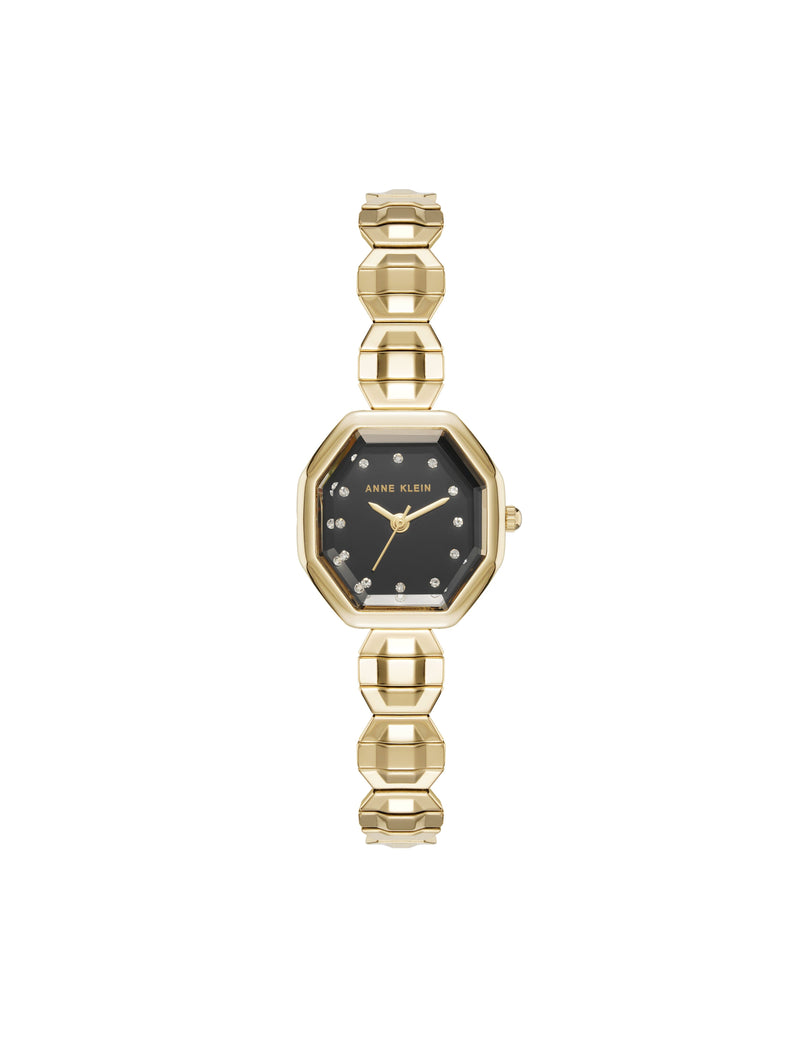 Anne Klein Gold-Tone/Black Crystal Accented Expansion Band Watch